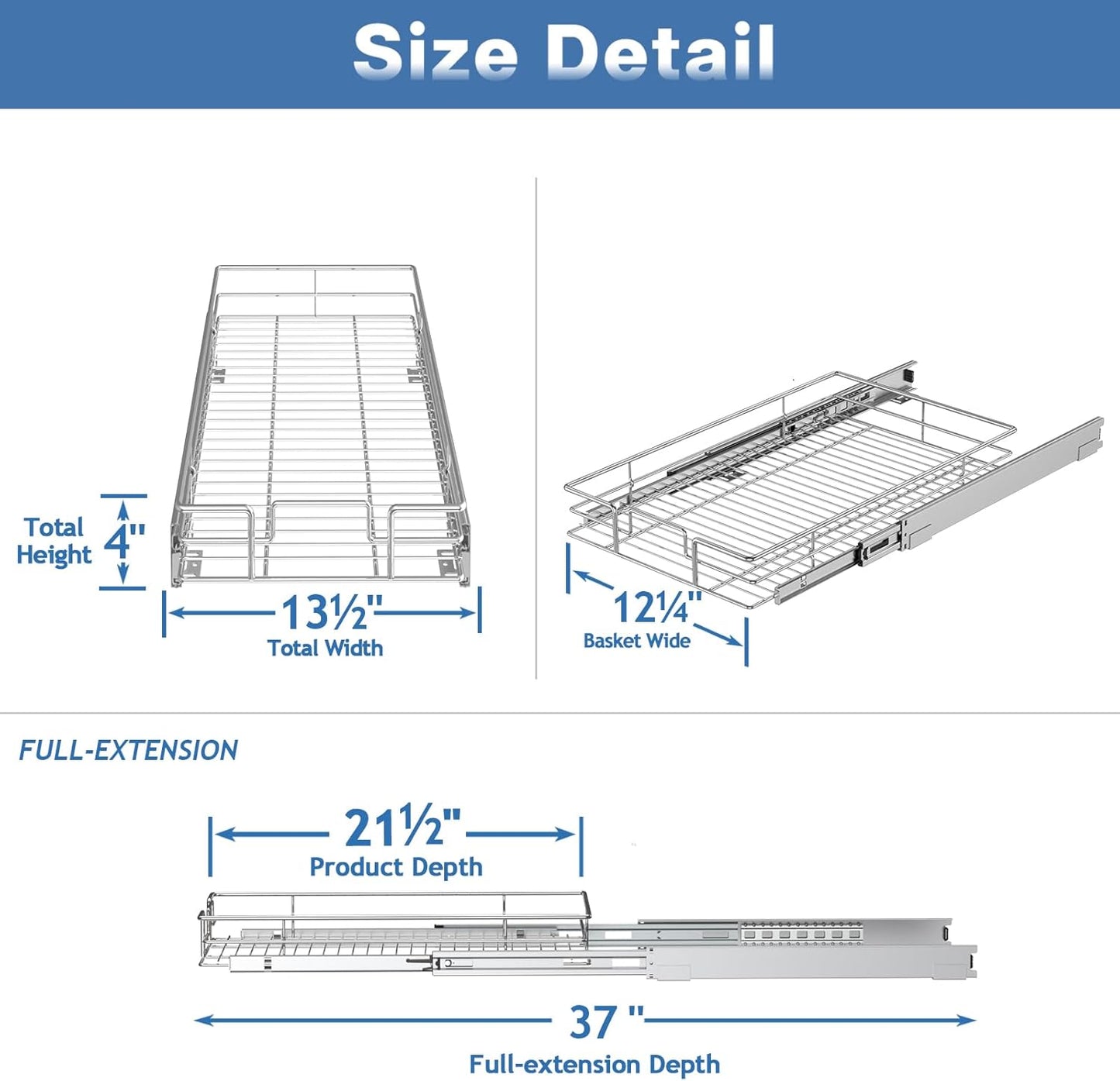 Pull Out Cabinet Organizer 13½" W x 21½" D, Heavy Duty Cabinet Pull Out Shelves, Slide Out Drawers Organization for Kitchen Cabinets Bathroom