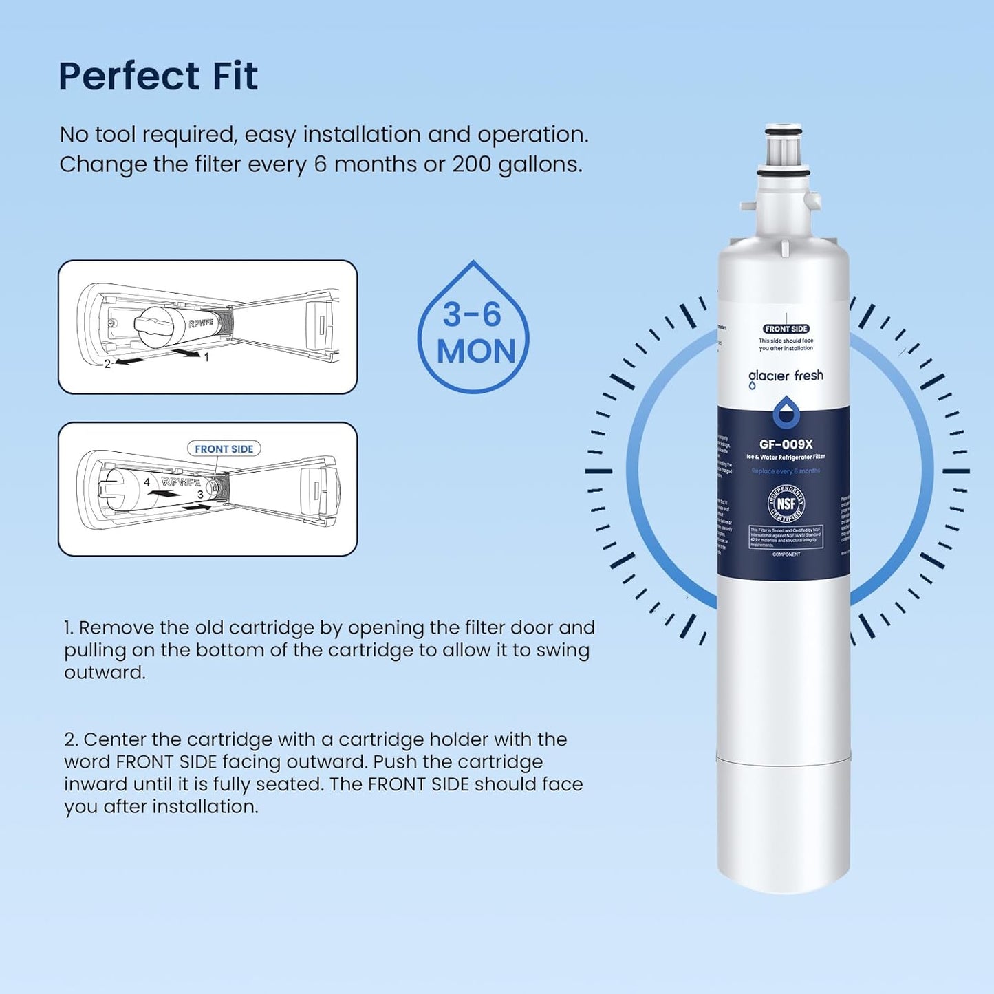 GLACIER FRESH Replacement for RPWFE, RPWF (Built-in CHIP) Refrigerator Water Filter, Compatible with GFE28GYNFS, GFE28GELDS, PFE28KELDS, PFE28KYNFS, GFD28GELDS, PWE23KELDS, PWE23KMKES, 1 Pack
