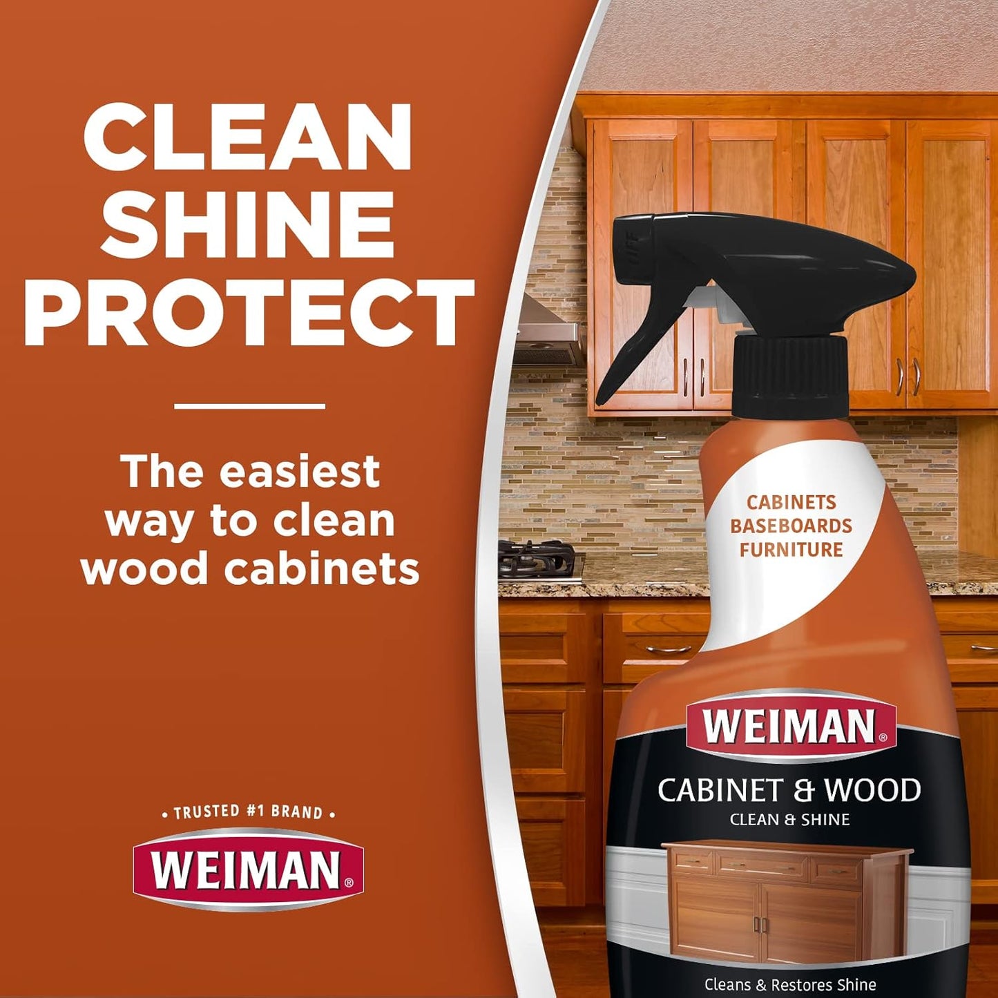 Weiman Cabinet & Wood Clean & Shine Spray - Furniture, Kitchen Cabinets, Baseboard & Trim, Fresh Almond Scent, Microfiber Cloth Included