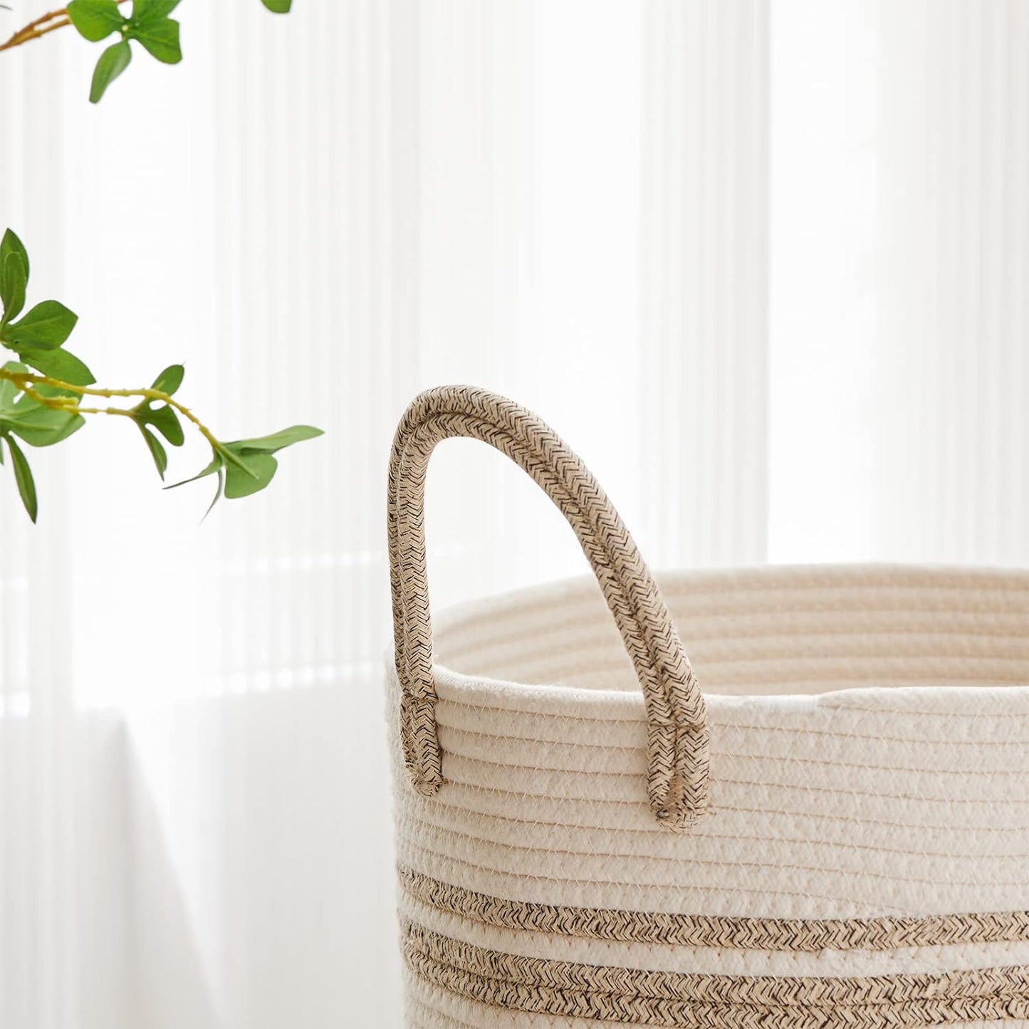 VIPOSCO Large Laundry Hamper, Tall Woven Rope Storage Basket for Blanket, Toys, Dirty Clothes in Living Room, Bathroom, Bedroom - 58L Brown & White