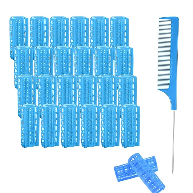 ZMD 24PCS Plastic Hair Rollers Set, 0.8Inch/2cm Snap on Rollers Curlers for Fine Thin Hair Heatless Self Grip Rollers with Mini Comb for Women/Men Medium Short Hair (Blue)