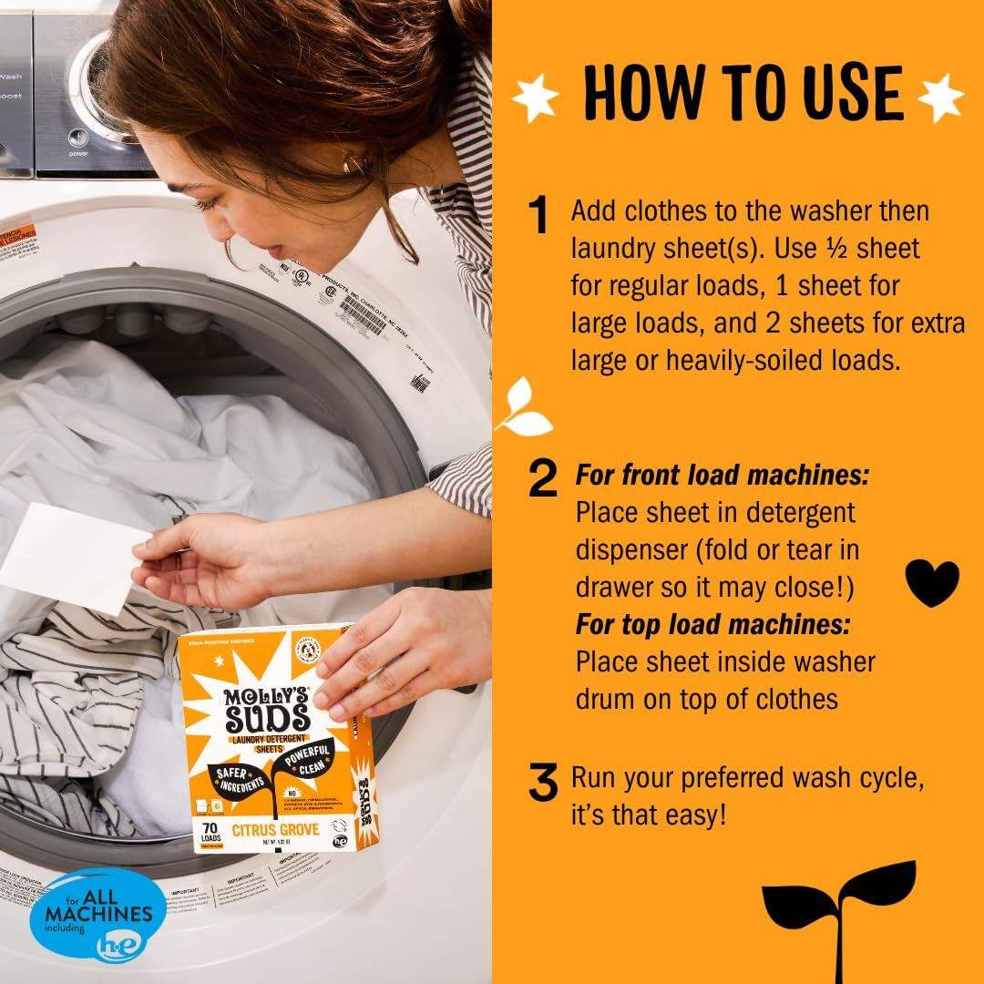 Molly’s Suds Laundry Detergent Sheets | Gentle on Sensitive Skin, Powerful Bio-Based Enzymes, Stain-Fighting | Liquidless & Plastic-Free Packaging | 70 Loads (Citrus Grove)