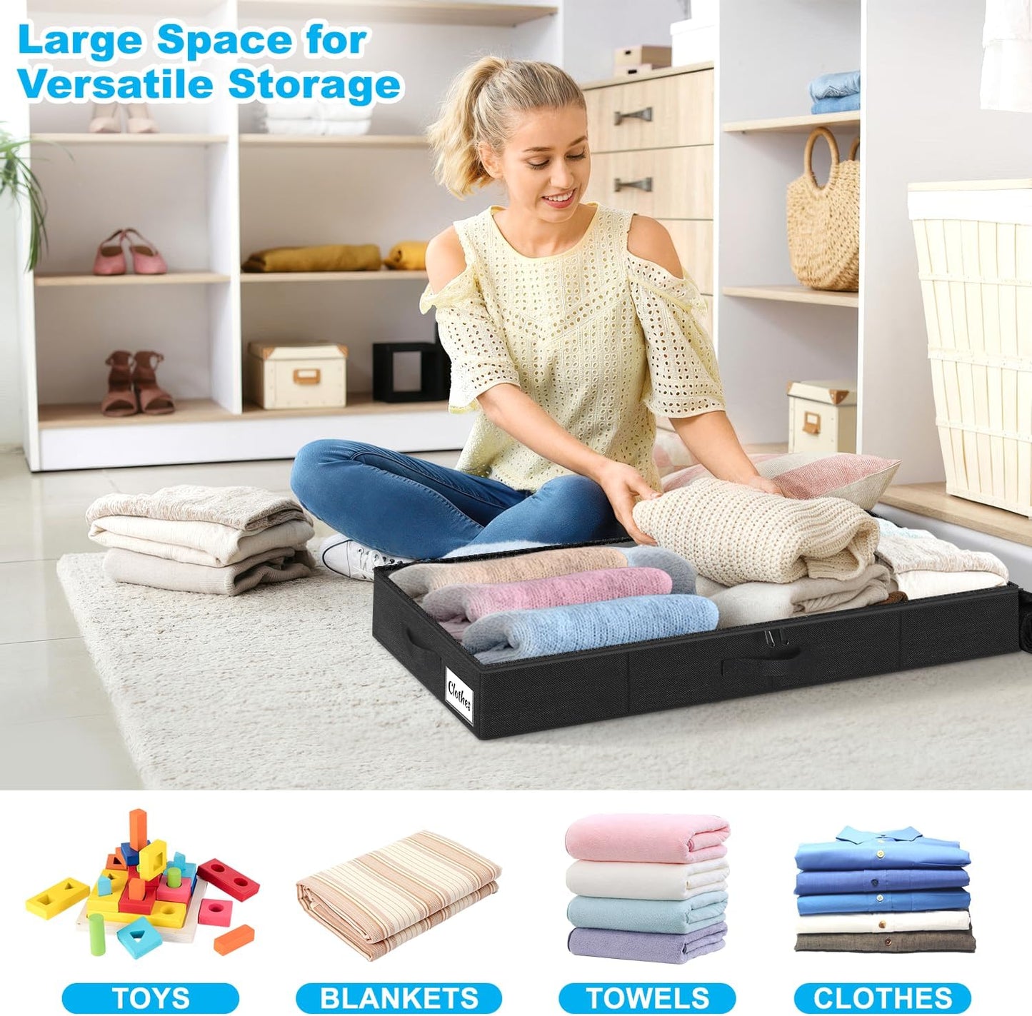 Under Bed Storage Container Bins 2 Pack, 4.5 Inch Slim Low Profile Underbed Clothes Storage Organizer for Dorm & Home, Use for Blanket and Toy Storage Box W/ Sturdy Bottom/Sides, Foldable Thick Fabric