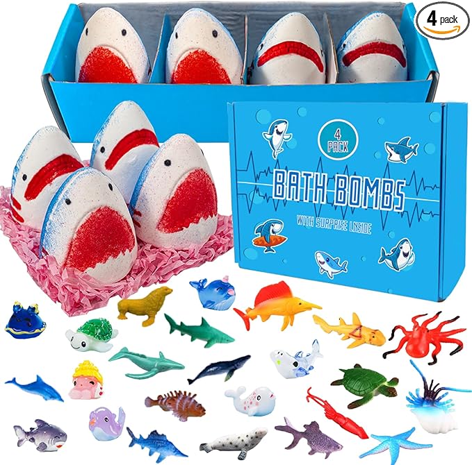 Kids Bath Bombs with Surprise Inside,4 Pack Marine Shark Bath Bomb for with Ocean Sea Animals for Girls Boys Toddlers, Safe Natural & Organic