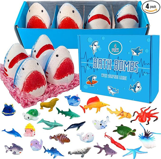 Kids Bath Bombs with Surprise Inside,4 Pack Marine Shark Bath Bomb for with Ocean Sea Animals for Girls Boys Toddlers, Safe Natural & Organic