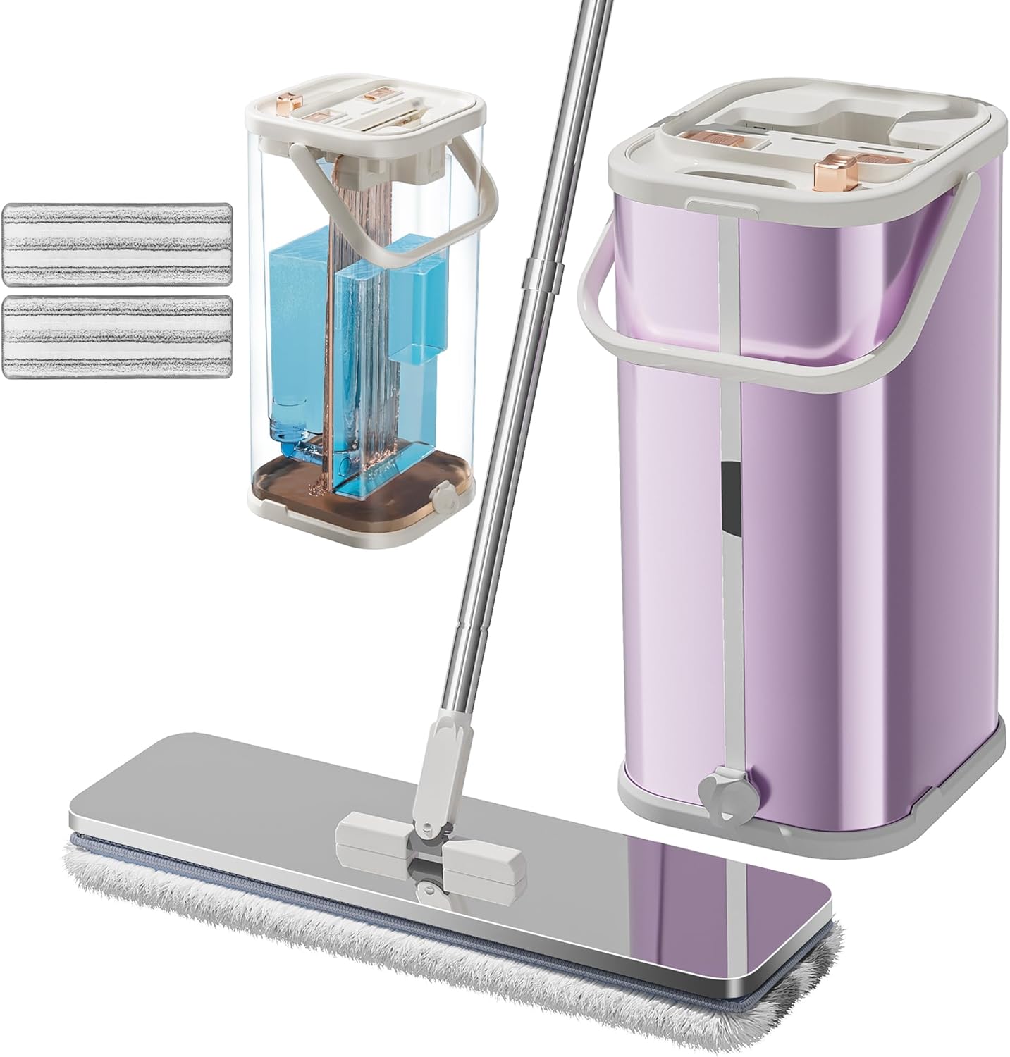 Pink Separates Dirty Water Mop and Bucket, Flat Mop and Bucket for Home with Extra Refills, Stainless Steel Mop and Bucket with Wringer (Mop and Bucket with 2 Pads)