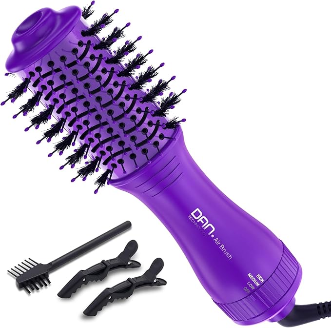 Dan Technology Blow Dryer Brush Hair Dryer Brush Hot Air Blowout Brush 120V 3 Speeds Oval Shape Volumizer Straightener Brush Faster Drying Mini Size Lightweight (Purple)