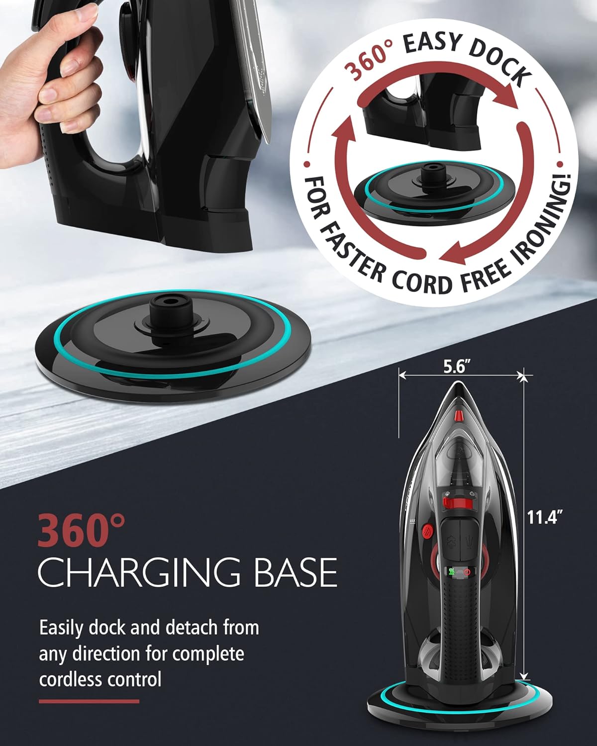 Cordless Iron for Clothes, 1500W Steam Iron Rapid Heating, Ceramic Soleplate, Auto Shut Off, Self-Clean, Anti-Calc, 3 Temperature Settings, 11.84oz Water Tank Ironing Clothes for Home, Black
