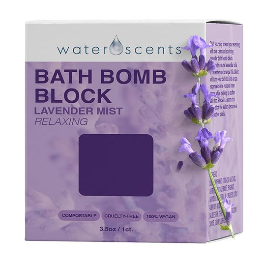 Water Scents Lavender Mist Bath Bomb Block | Vegan, Cruelty-Free & Natural | Lavender Aromatherapy Bath Bomb for Stress Relief & Moisturizing | Handmade Spa Gift for Women, 3.5 oz