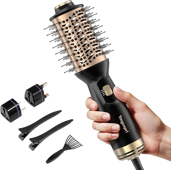 4-in-1 Dual Voltage Hair Dryer Brush, Mini Auto Blow Dryer Brush for European Travel(100-240V), 2 Inch Hot Air One Step Hair Dryer and Styler for Volumizer/Straightener/Curler with EU&UK Plug