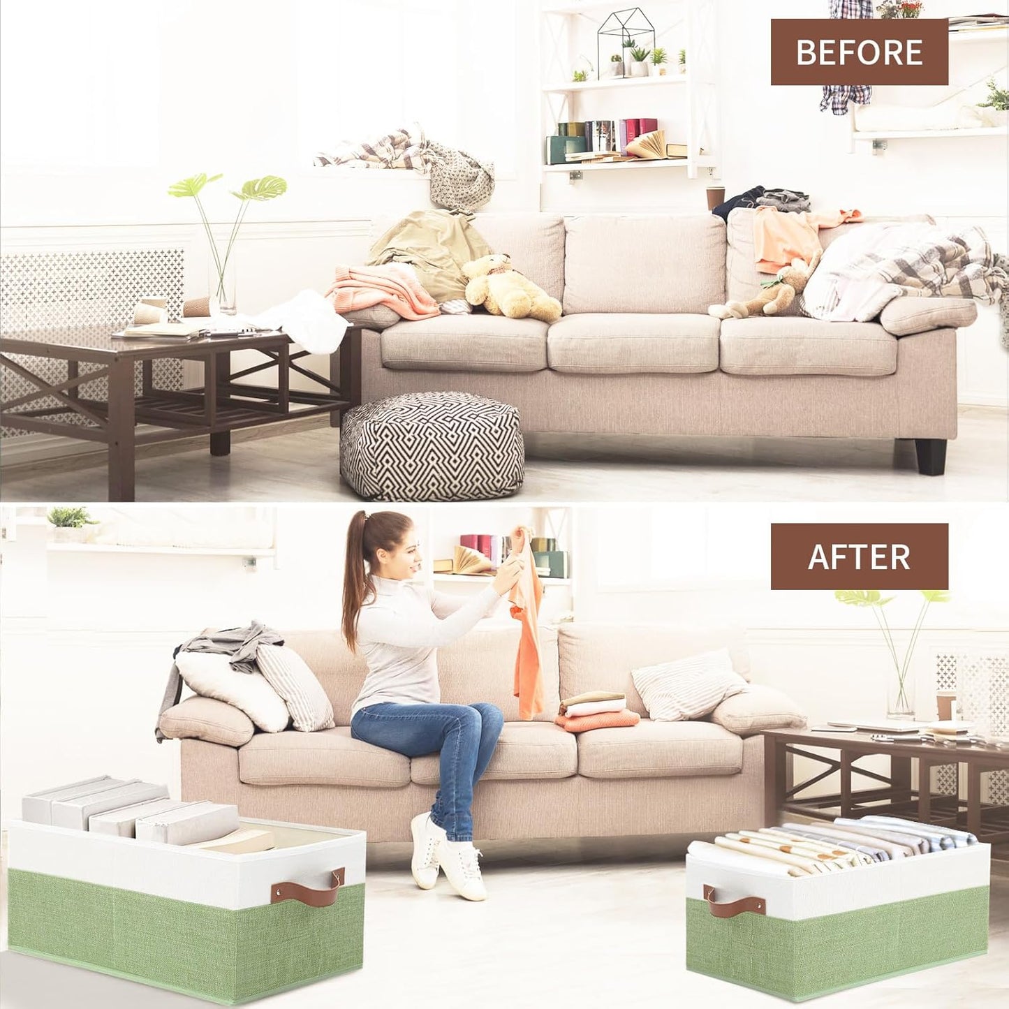 3 Pack Large Capacity Storage Bins Closet Organizer for Shelves, Fabric Closet Storage Baskets Boxes with Leather Handles for Organizing Clothes, Sheets, Jeans, Toys, Books (Green)