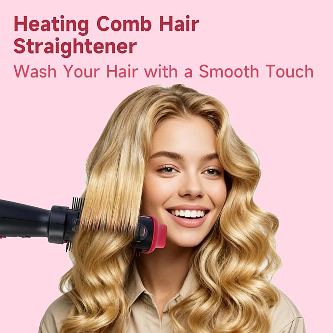 Heated Comb & 4-in-1 Blow Dryer Brush Hair Straightener Brush - Dual Mode Hot Air Styler for Drying, Straightening, Curling & Volumizing All Hair Types, Ceramic Ionic Technology