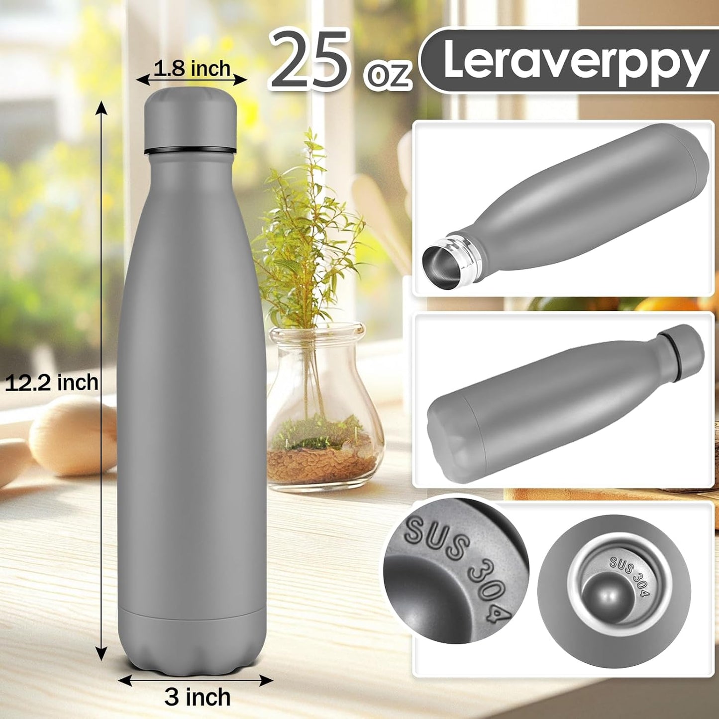 25oz Cola-Bottle Shaped Stainless Steel Leak-proof Water Bottle,Double Wall Vacuum Insulated Metal,Travel Mug For Sports Indoors & Outdoors,BPA-Free School Kids Flasks,Gray(4 Pack)