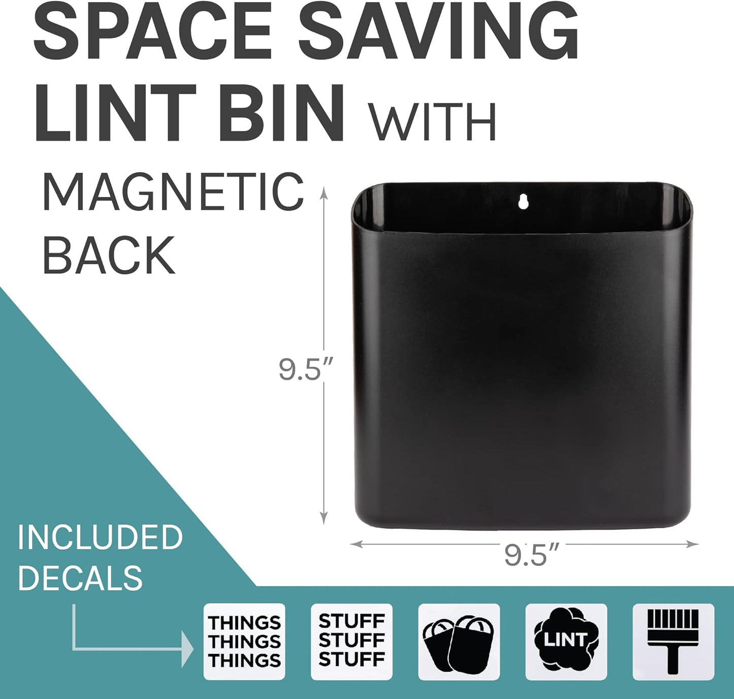 JS Jackson Supplies Black Lint Bin with Magnetic Back, Large Space Saving Trash Bin and Organizer for Laundry Room and Kitchen, Wall Mountable