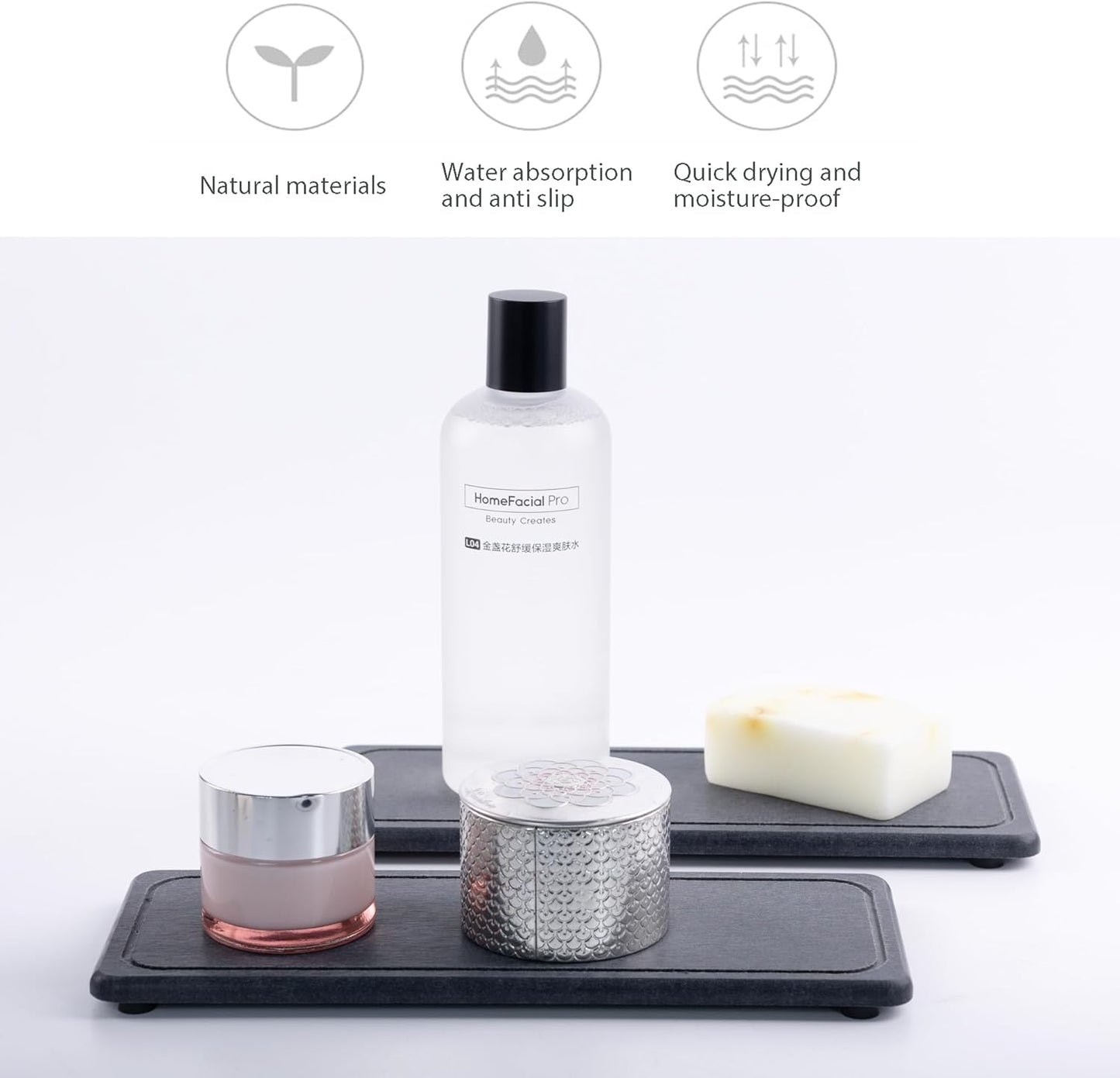 2 Pcs Water Absorbing Stone Trays, Kitchen/Bathroom Sink Soap Dish, Diatomite Tray Used for Hand Soap & Cosmetic Bottles in The Modern Home, 4" W x 10.2" L, Dark Gray