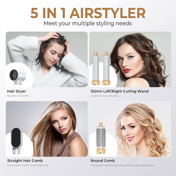 5 in 1 Hair Dryer Brush, Negative Ion Air Styler Wrap Hair Styler Upgrade Blow Dryer Brush Air Curler for Hair, Blowout Brush Set As A Gift for Straight/Curl/Drying/Smoothing