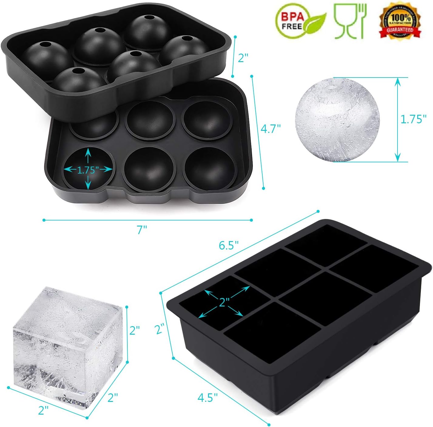 Large Ice Cube Trays Ice Ball Maker with Lids Combo(Set of 2), Silicone Sphere & Square Flexible Ice Cube Molds for Cocktails, Whiskey, Juice and Any Drinks- Reusable & BPA Free