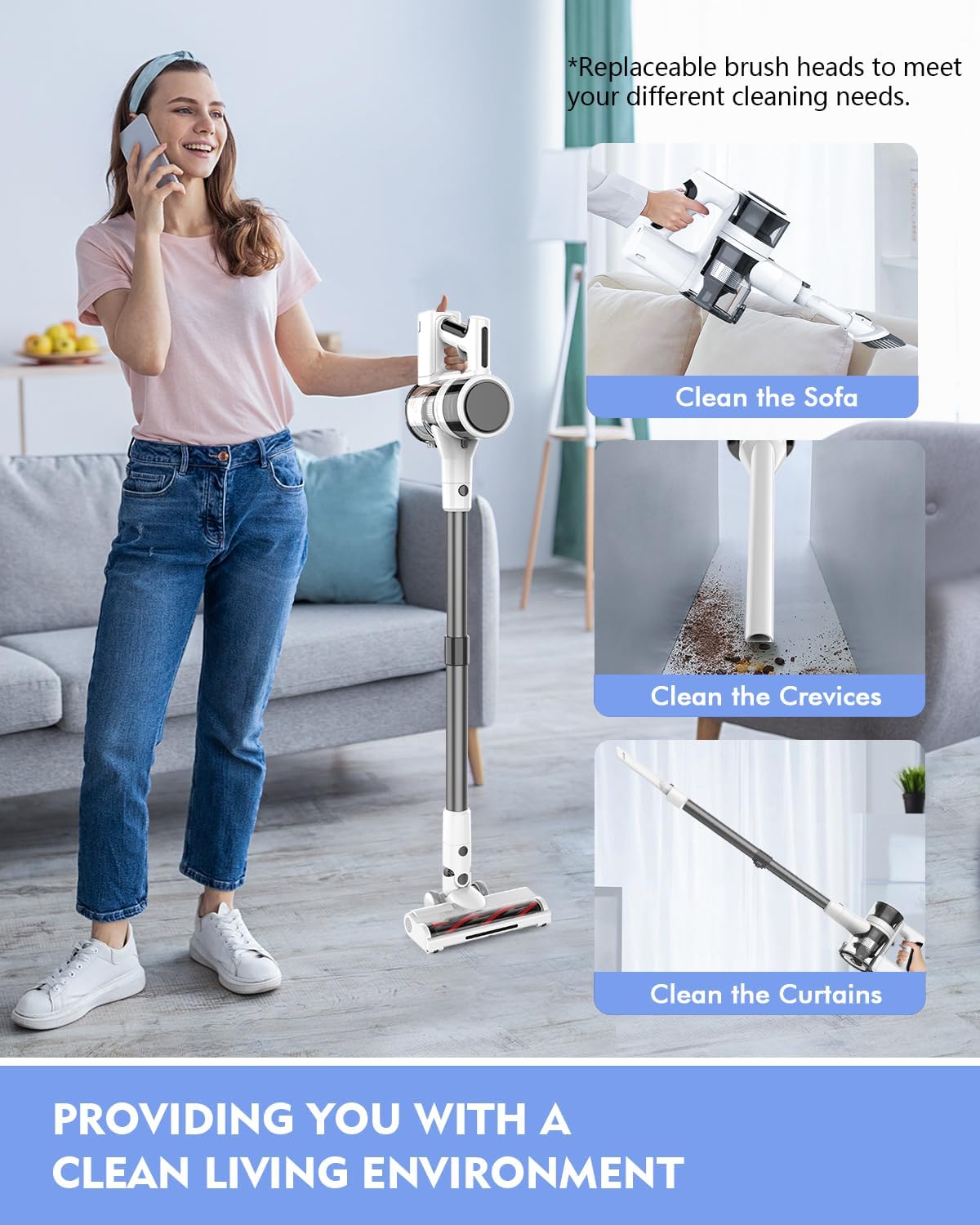 Cordless Vacuums, 80,000PRM Powerful Motor Vacuum Cleaner and 2200mAH Rechargeable Battery up to 35 Mins Worktime, 2 Adjustable Modes, Detachable Parts, Wireless Stick Vacuum (True White)