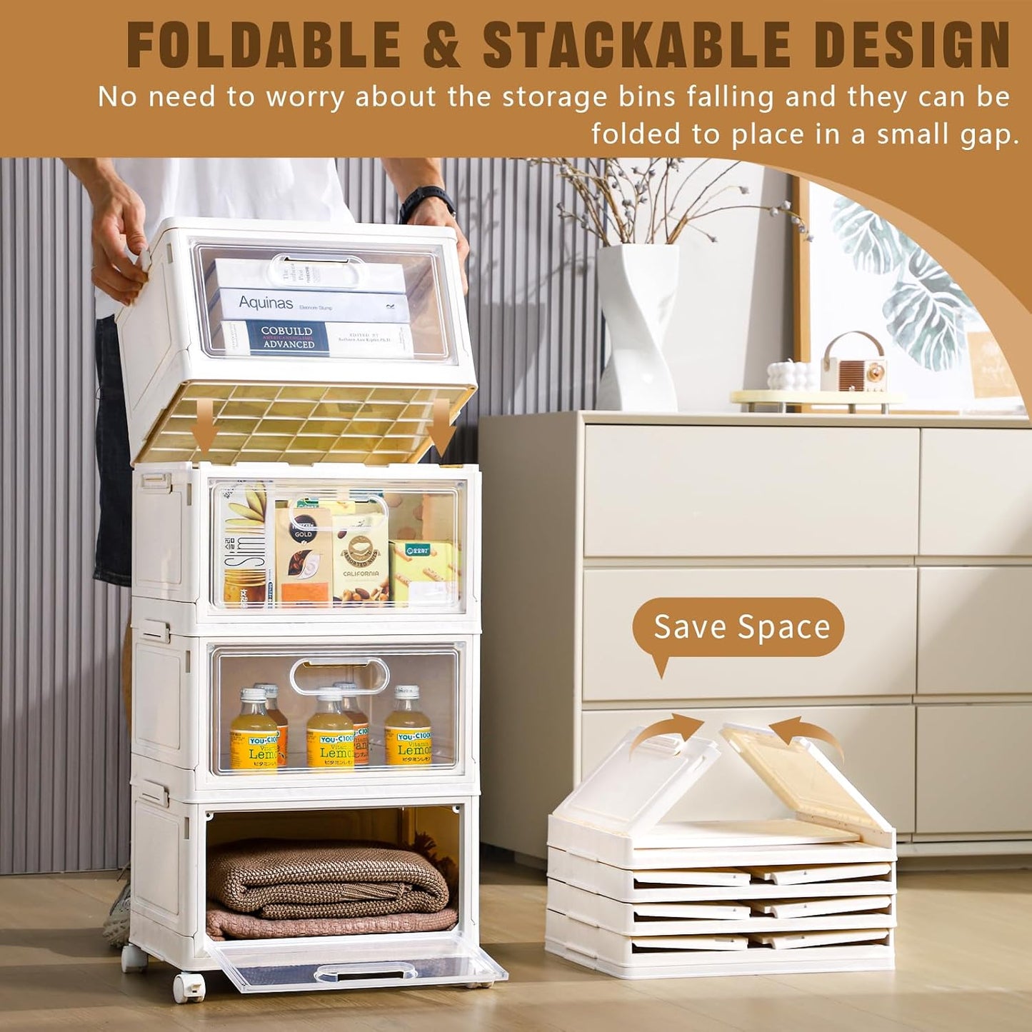4-Tier Stackable Storage Bins with Lid, 23QT Storage Containers,Clear Foldable Plastic Drawer Storage on Wheels,Closet Organizers and Storage for Living Room,Bedroom,Office,Dorm