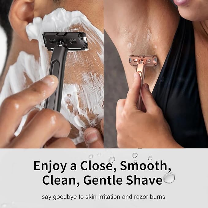 Razors for Women - Dual-Blade Safety Razor with Pivoting Head - Reusable Metal Shaving Razor, with 10 Double Edge Blades, Smooth Close Shave, Rose Glod