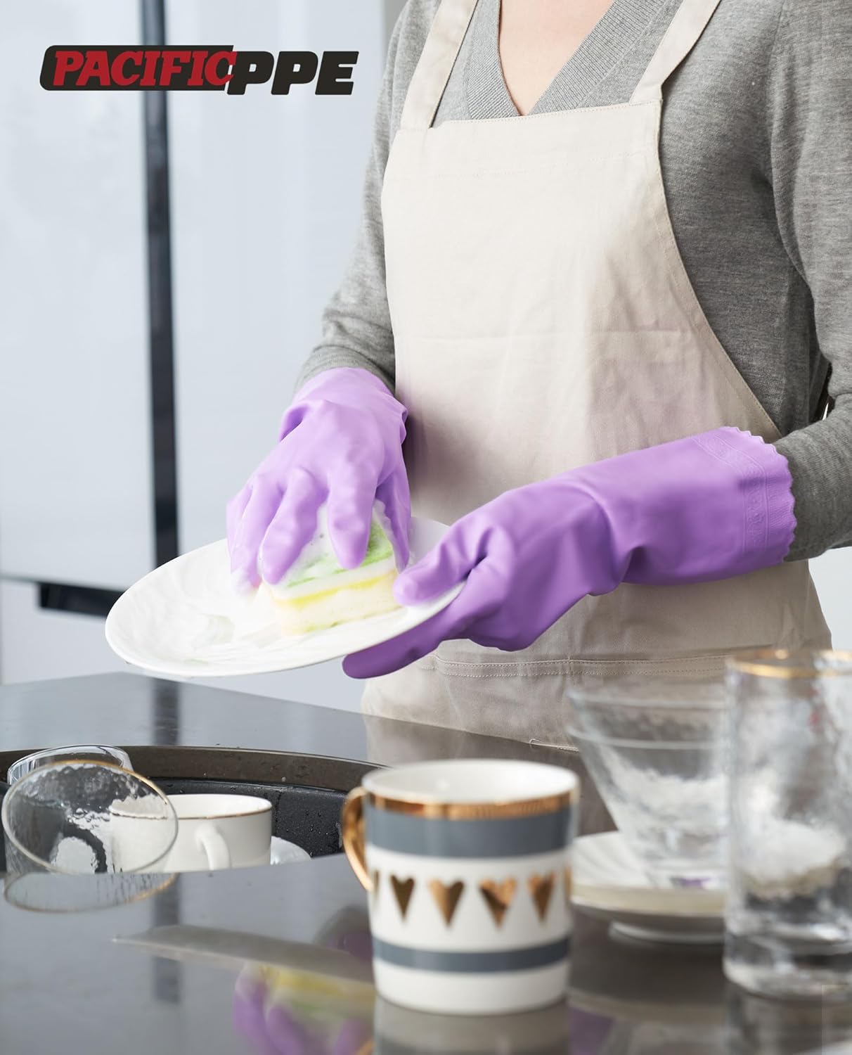 PACIFIC PPE 4 Pairs Reusable Dishwashing Cleaning Gloves with Latex Free, Cotton Lining, Kitchen Gloves, Purple, Large