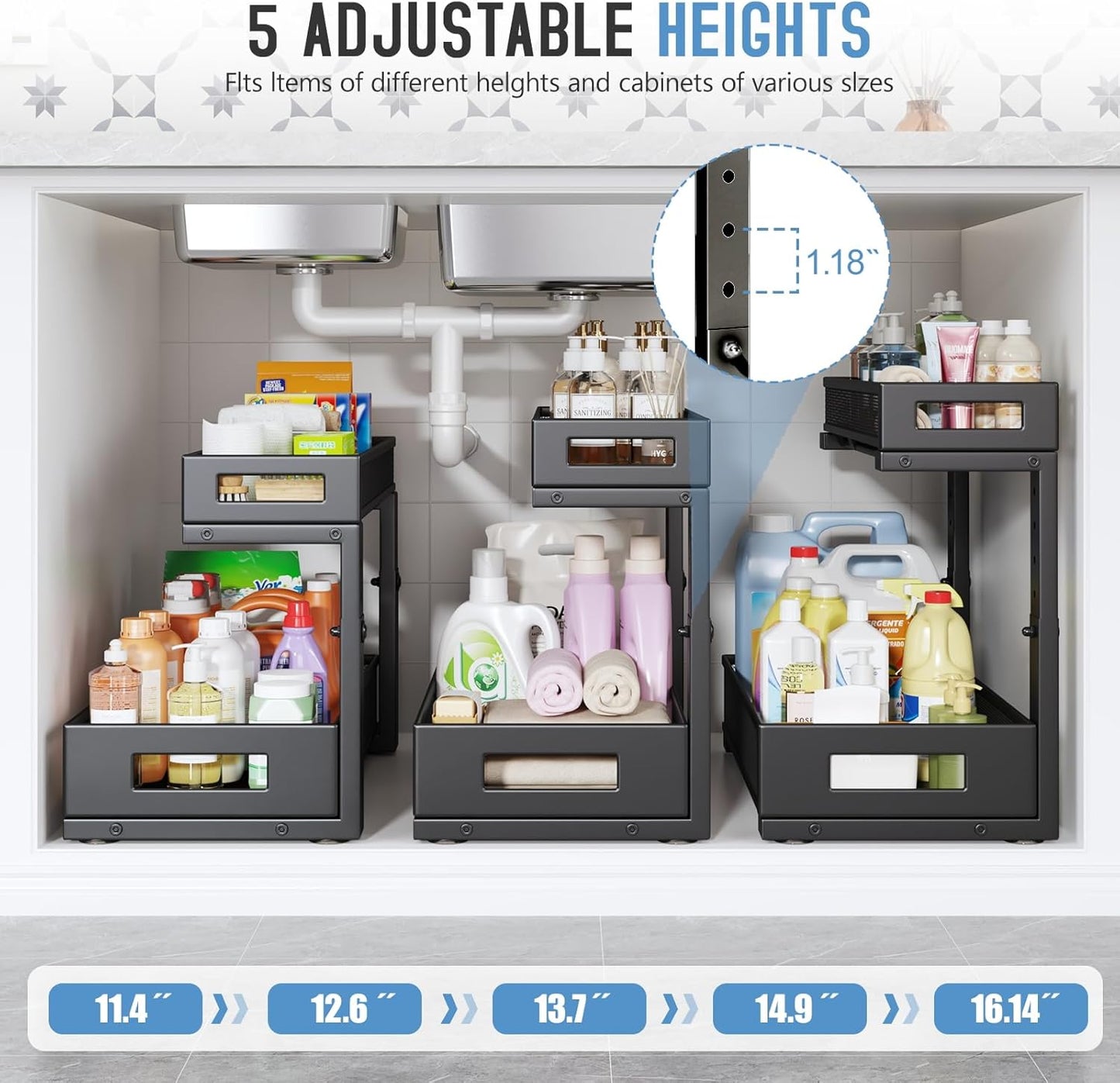 2 Pack 17IN Depth Under Sink Storage Organizer, Large 2-Tier Elegant Mesh Pull Out Shelf for Kitchen and Bathroom Cabinet Organization, L-Shaped and Adjustable Height Design-Black