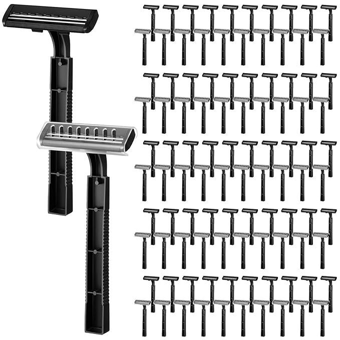 Jutom 100 Pcs Twin Blade Disposable Razors Bulk for Men Women Homeless Stainless Steel Shaving Razor with Clear Safety Cap for Hotel Travel Camping Charity Apartment