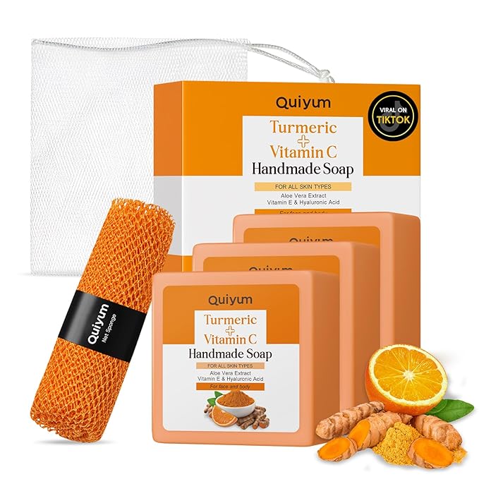 Natural Turmeric Soap Bar for Dark Spot- Vitamin C Dark Spot Remover for Face, Skin Care Sets, Facial Skin Care Products, Even Skin Tone, 3 Pack with African Net Sponge (3.53 Oz/Pcs)