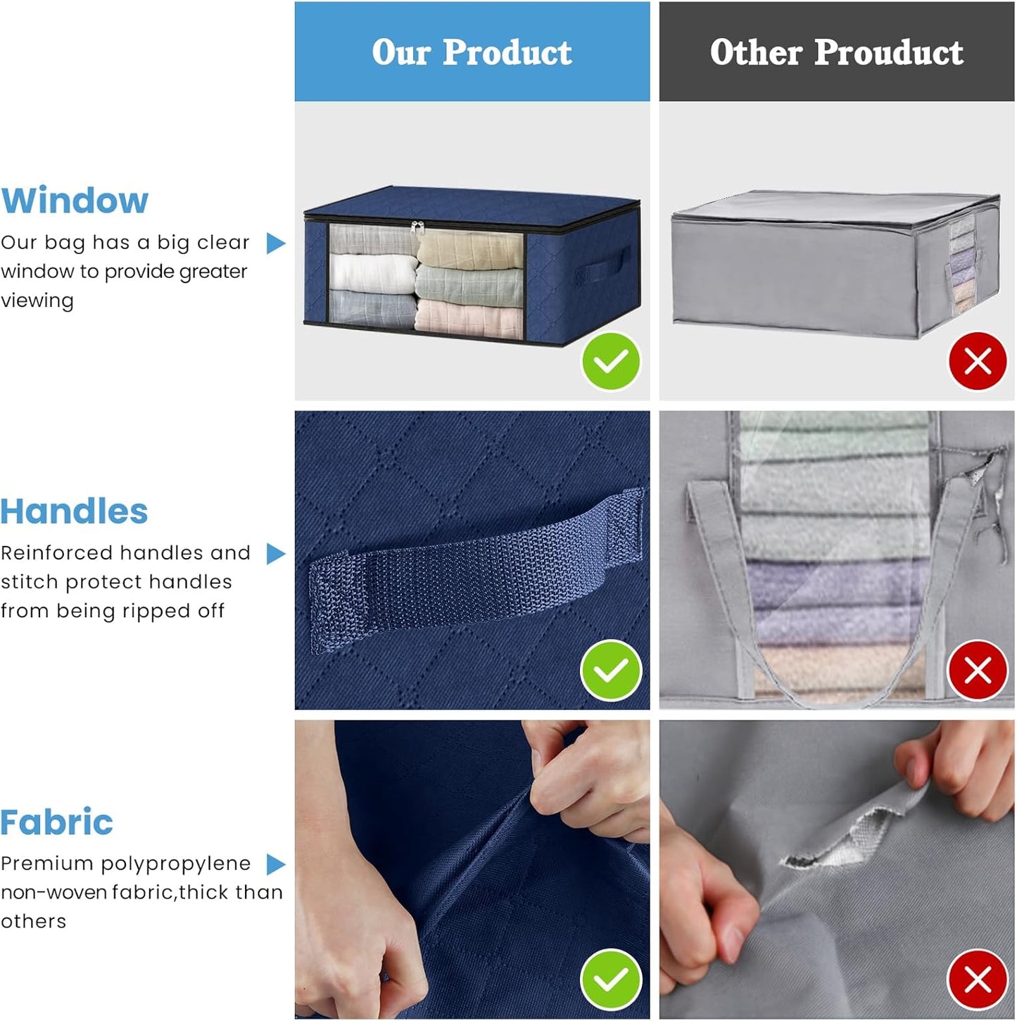 HomeHacks Storage 10-Pack Clothes Organizer Storage Bags Foldable Storage Box with Large Clear Window Sturdy Handles for Closet, Dorm, Pillows, Bedding, Clothes, Blankets, 35L, Blue