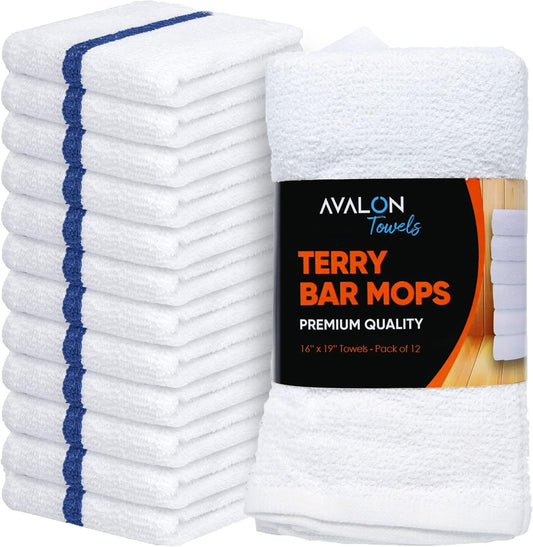 Avalon Towels Terry Bar Mop Towels (Value Pack of 12) Size 16"x19" – Absorbent and Durable, Multipurpose Cleaning Rags, Cotton Cleaning Cloths, Terry Cloth Rags, Reusable Shop Rag
