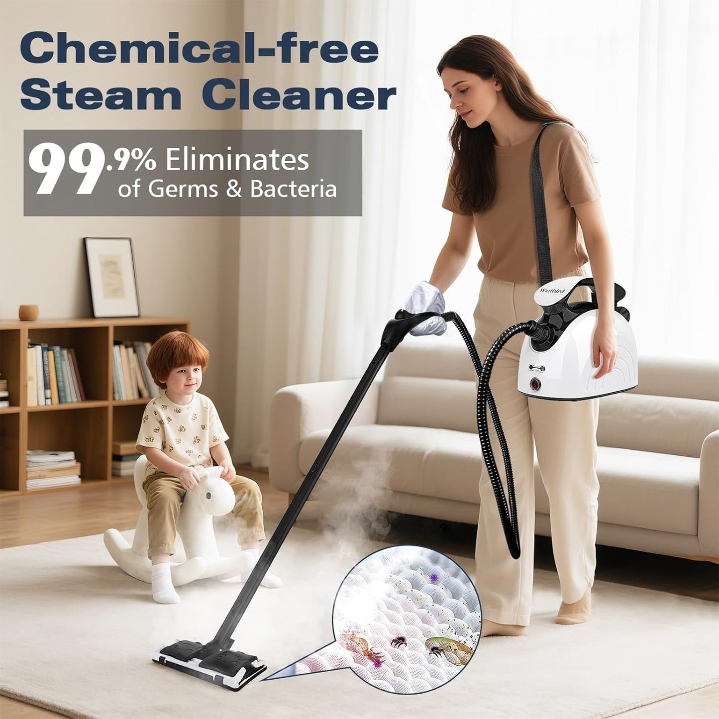 Steam cleaner, equipped with 21 specialized accessories, 1.08-liter water tank, 248°F high-temperature steam, suitable for floors, tile grout, tiles, carpets, and cars, chemical-free cleaning (White)