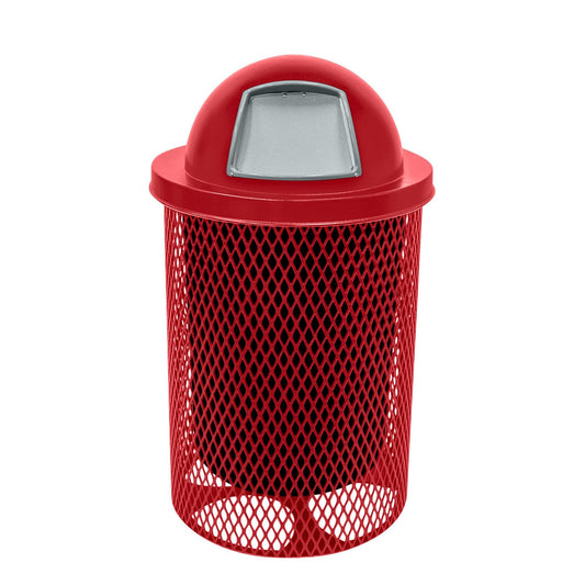 COATEDOUTDOORFURNITURE RDT-TXTRED Heavy Duty 32 Gallon Round Trash Receptacle, Liner Included, Textured Red with Textured Red Steel Dome Top, Made in America