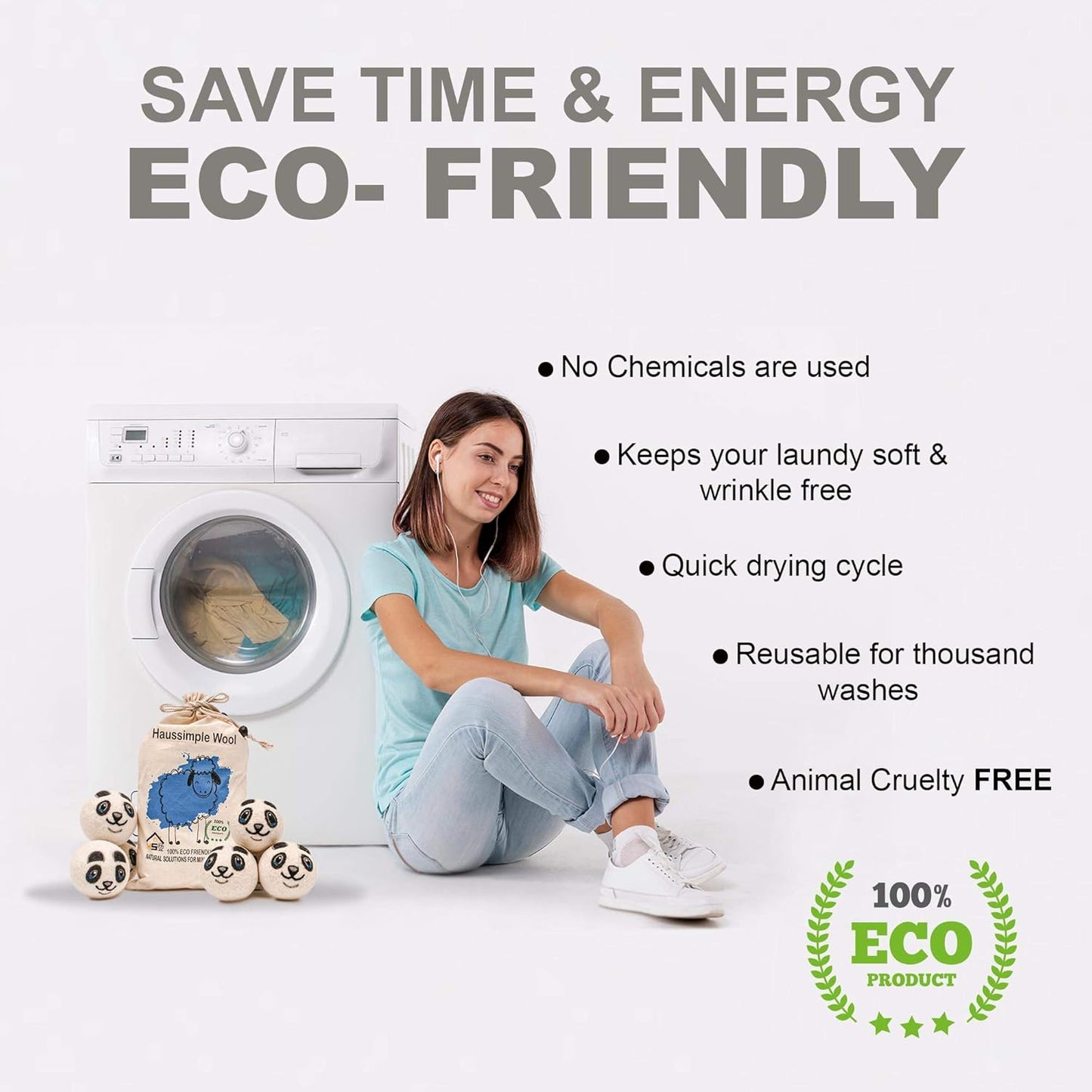 Wool Dryer Balls Organic Felt 6 Pack Laundry Fabric Softener, Extra Large Reusable Handmade Natural Sheep Wool Lint Wrinkle Free Anti Static Baby Safe (Panda)