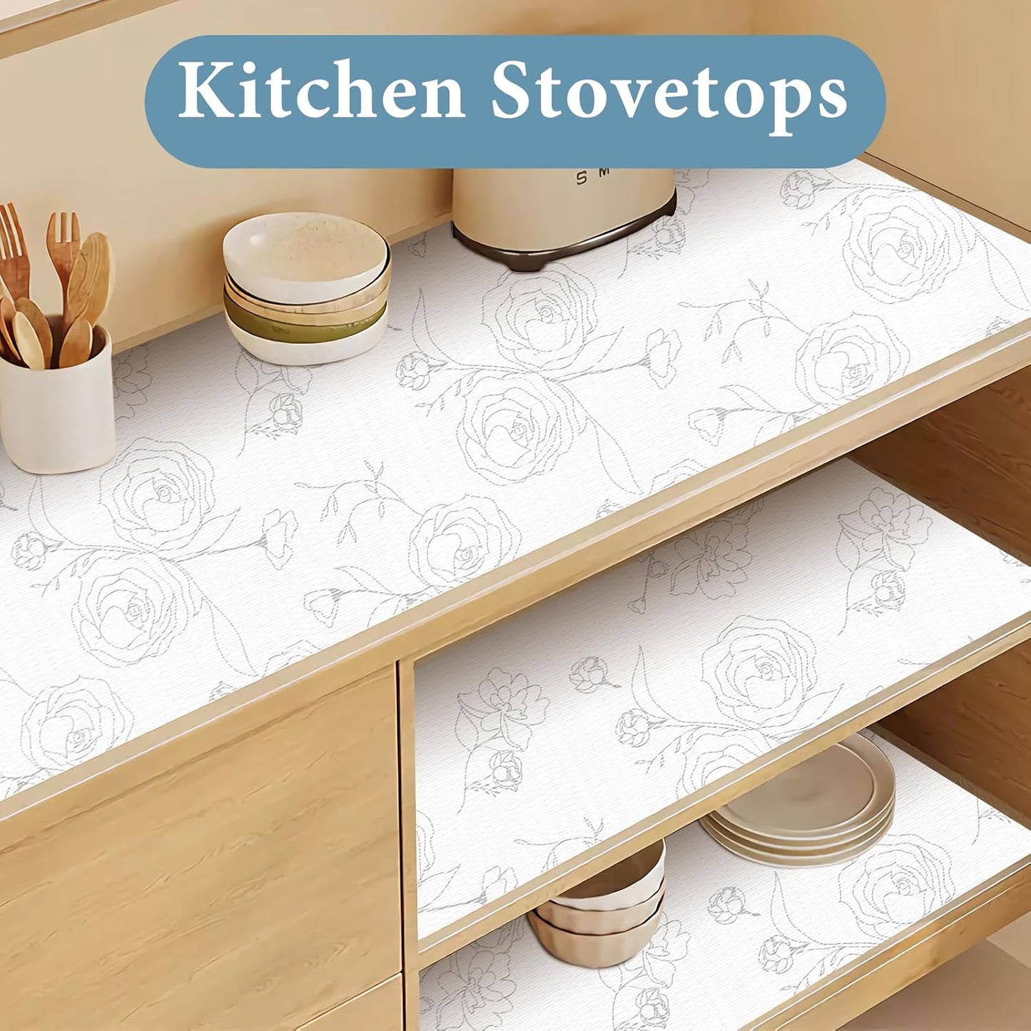 Shelf Liners for Kitchen Cabinets 23.6in x 30FT Non Adhesive Drawer Liner Sliver Floral Thickened Shelf Liner Paper Strong Non-Slip Easy to Clean for Tool Box Refrigerator with Knife and Tape Measure