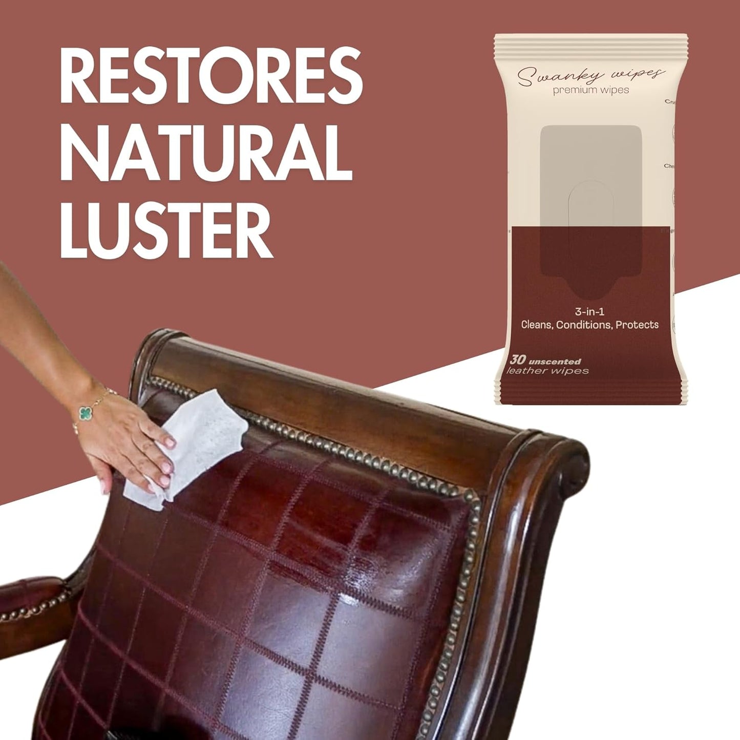 Swanky Leather Wipes - Leather Cleaner and Conditioner for Purses, Shoes, Furniture Polish & Car Seats, Prevents Fading & Cracking, Restores Softness & Shine - Soft Wipes, 180 Count