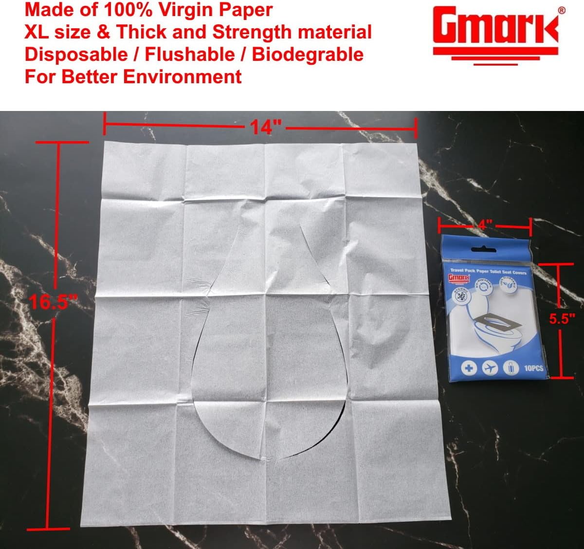 Gmark Portable Paper Toilet Seat Covers Travel Packs (100 PCS) XL size Thick Strength Strong 100% Virgin Paper Disposable Flushable Biodegradable Camping Airplane Travel Potty Training GM2002A