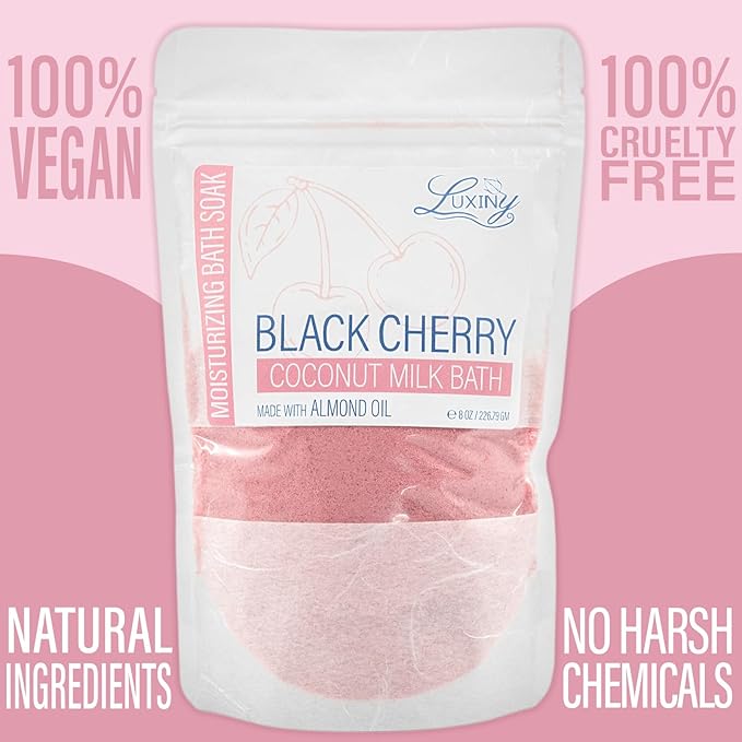 Luxiny Vegan Milk Bath Soak Made with Moisturizing Coconut Milk Powder & Sweet Almond Oil for a Bath Bomb Dust Soothing Fizz & Relaxing Soak, 8 oz. (Black Cherry)