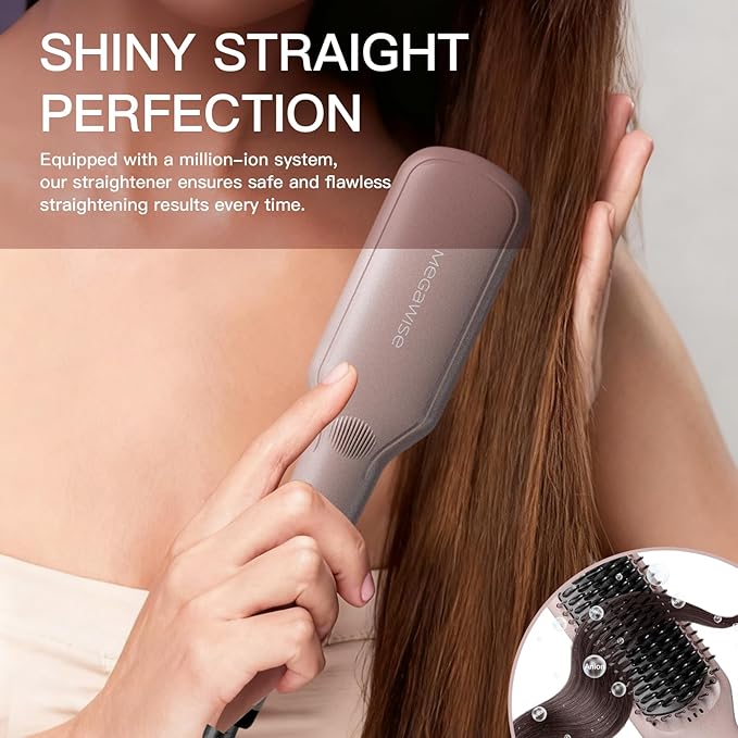 Updated 2025 MEGAWISE Hair Straightener Ceramic Brush ; Anti-Scald Dual Voltage Flat Iron Hot Brush | Rotatable Cord |Auto Shutoff | Anti-frizz |for All Hair Types (Pink)