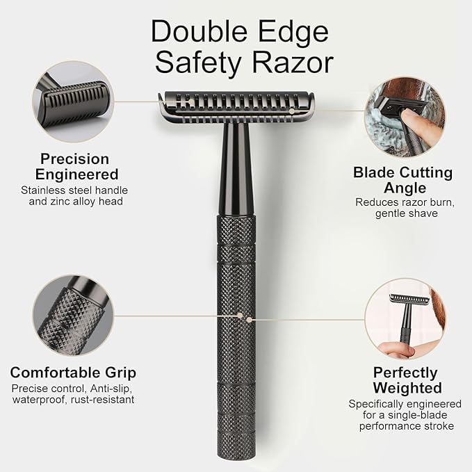 Stainless Steel Safety Razor with 10 Blades, Reusable Metal Single Blade Razors for Men, Long and Heavy Duty Handle, Smooth Close Gentle Shave, Black