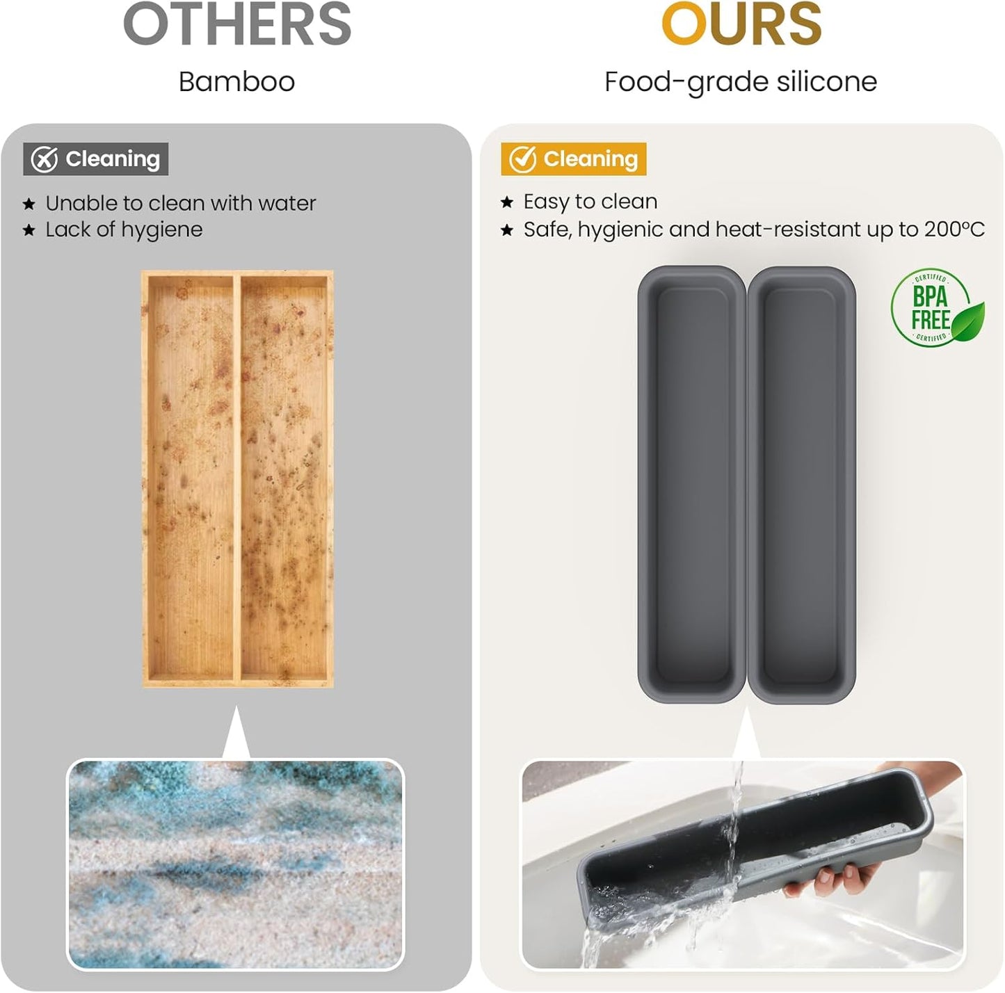 2 Pack Silicone Silverware Drawer Organizer, DIY Free Combination Kitchen Drawer Organizer, Utensil Organizer, Moisture-proof and Heat-resistant up to 200°C, Anti-slip and Environmentally (Grey)