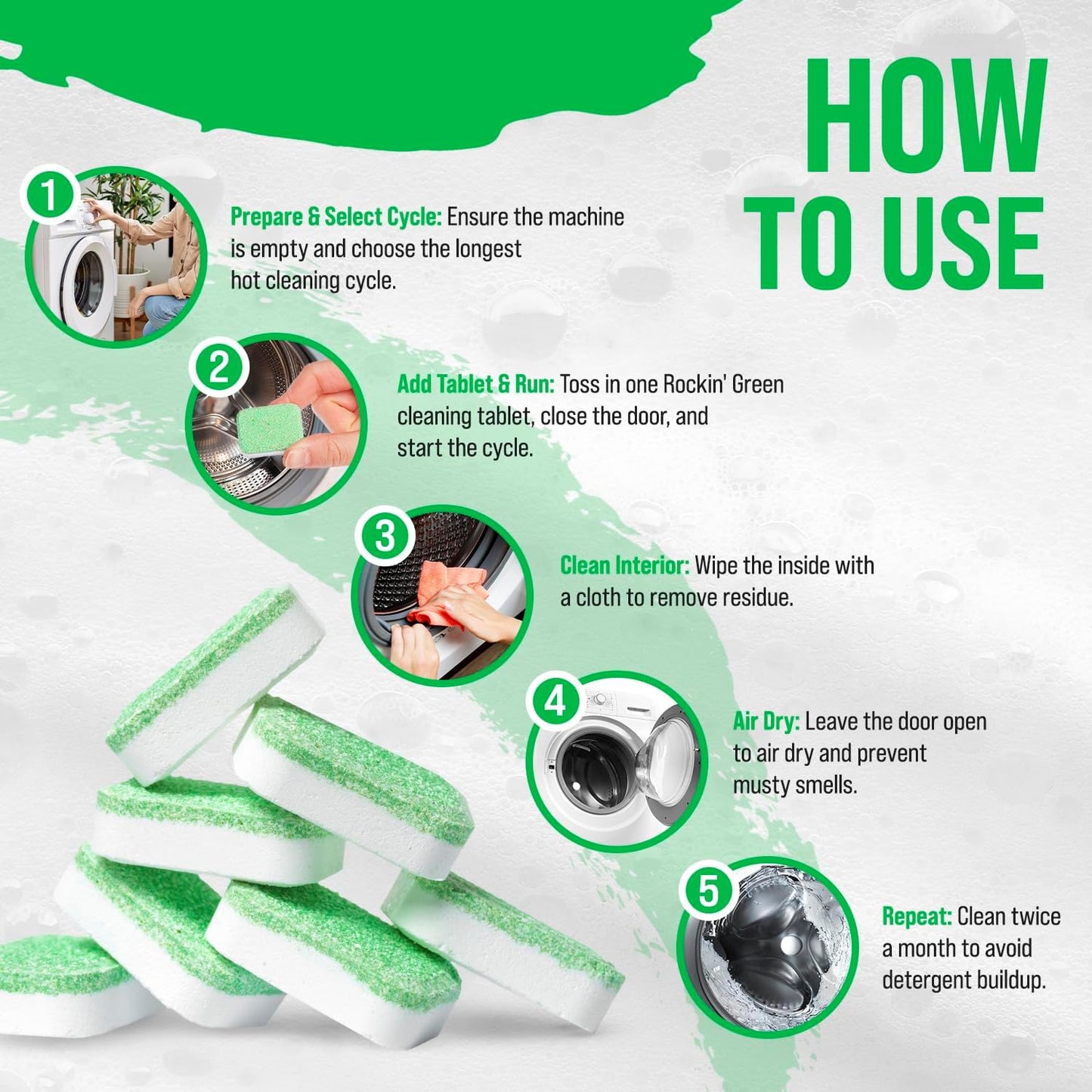 Rockin' Green Deep Cleaning and Deodorizing Tablets for Dishwashers, Washing Machines, and Garbage Disposals, Removes Odor and Residue (Washing Machine Cleaning Tablets, 8 Pack)