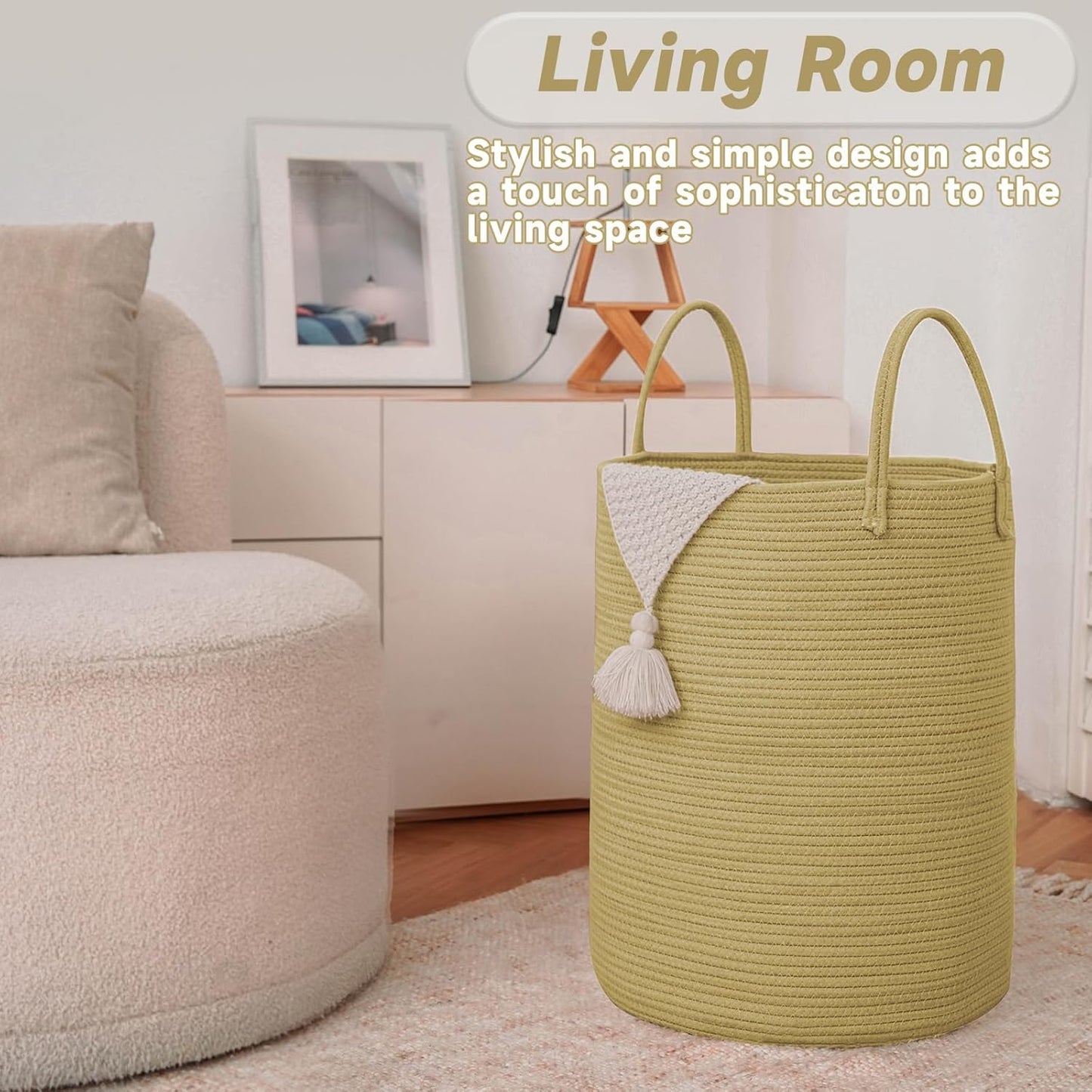 Large Woven Laundry Basket Hamper,100L Cotton Rope Storage Bin for Blankets,Toys and Clothes,Decorative Tall Nursery Hamper for Living Room,Baby Nursery,Bathroom and Bedroom,Jute