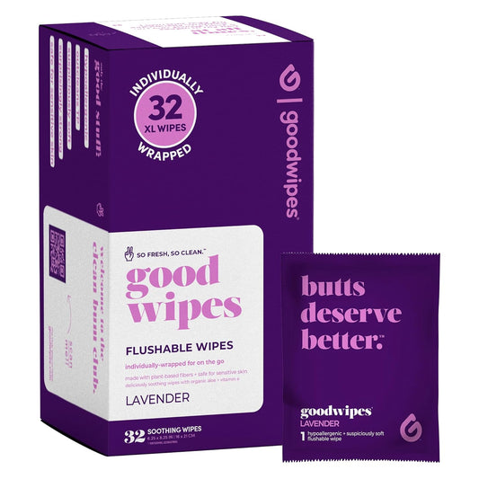 goodwipes Flushable Wipes - Individually Wrapped Butt Wipe for On-the-Go Adults - Portable Mini Wipes - Travel Essentials - Sewer & Septic Safe - Lavender, 32 Count (1 Pack)