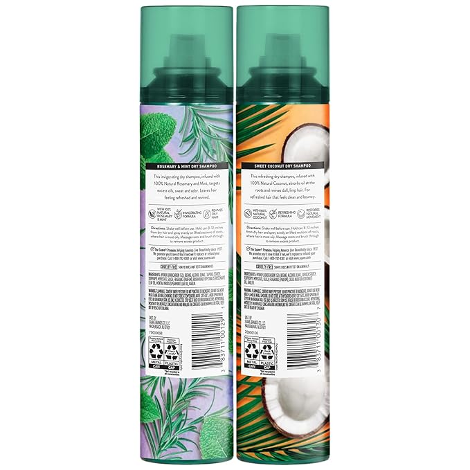 Suave+ Dry Shampoo Spray Variety 2-Pack – Invigorating Rosemary & Mint, Refreshing Sweet Coconut, 4.3 Oz Ea