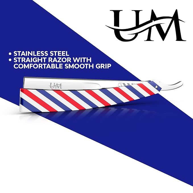UM Supplies Straight Edge Barber Razor | Professional Men's Straight Shaving Razors kit With 10 Replaceable Blades | Cut Throat Shavette | Barber Pole Red, White, Blue