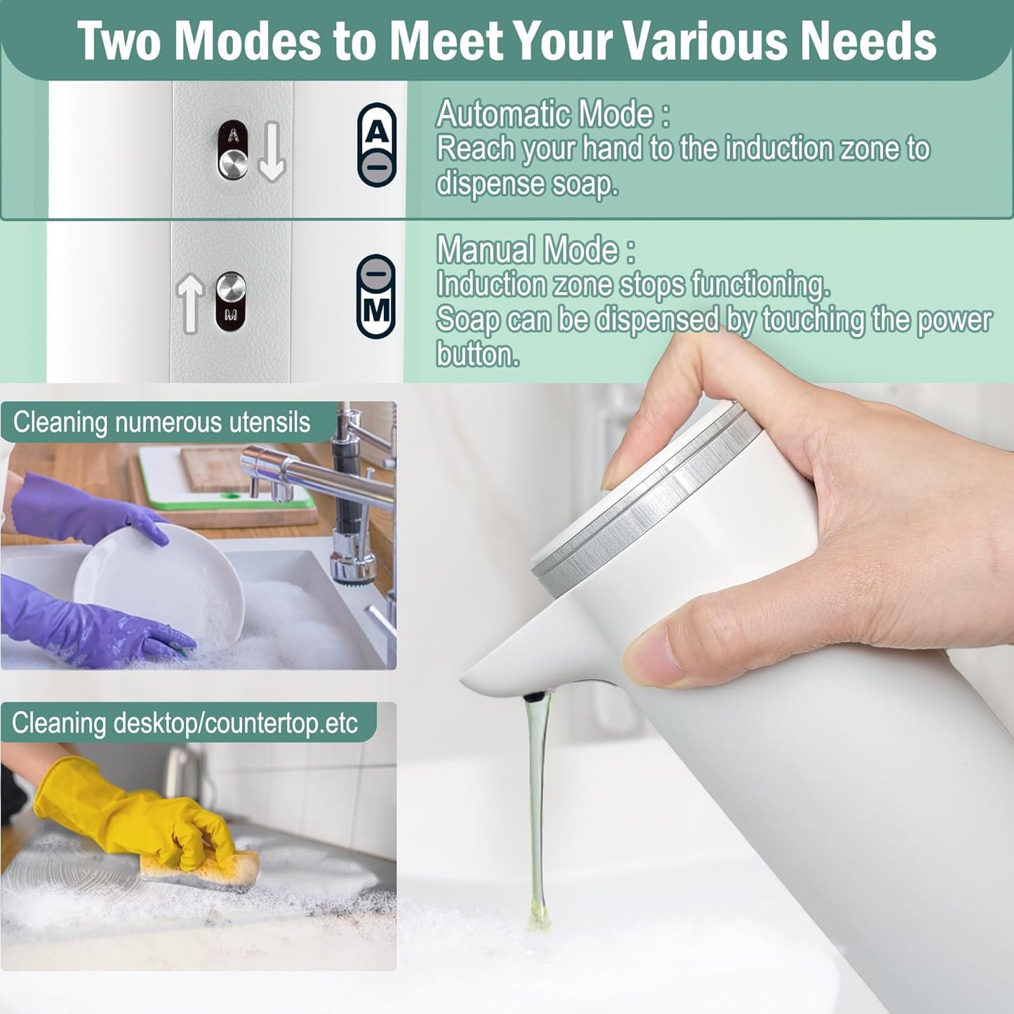 Automatic Soap Dispenser Touchless (Upgrade Auto & Manual Modes) - IPX7 Waterproof - Adjustable Volume for Thick & Thin Liquid - USB C Rechargeable Dish/Hand Soap Dispenser for Bathroom Kitchen