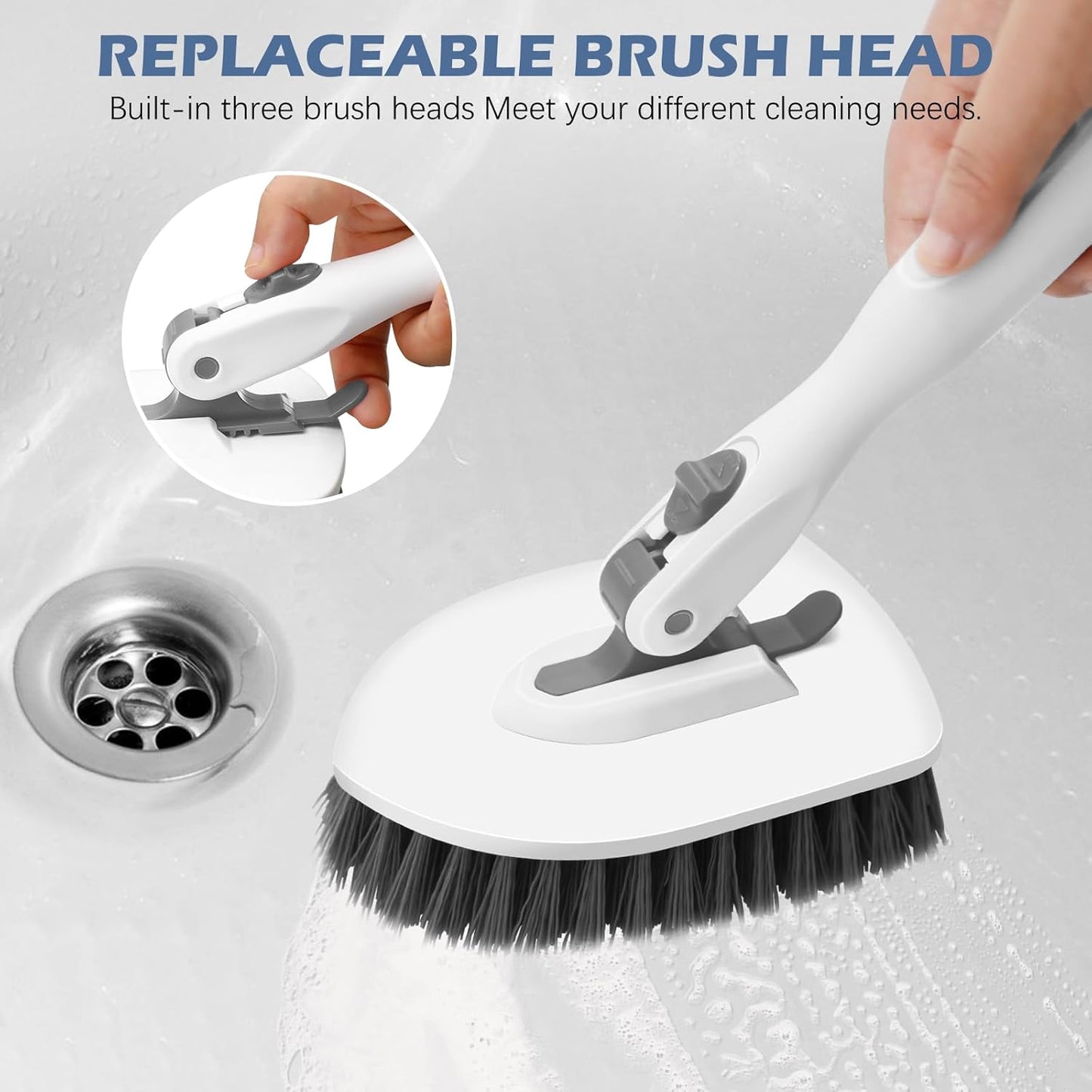 SetSail Floor Scrub Brush, 3-in-1 Tile Tub Floor Scrubber with 52-inch Adjustable Long Handle Shower Cleaner Brush and 3 Detachable Replacement Brush Heads for Cleaning Bathroom Tub Tile, White