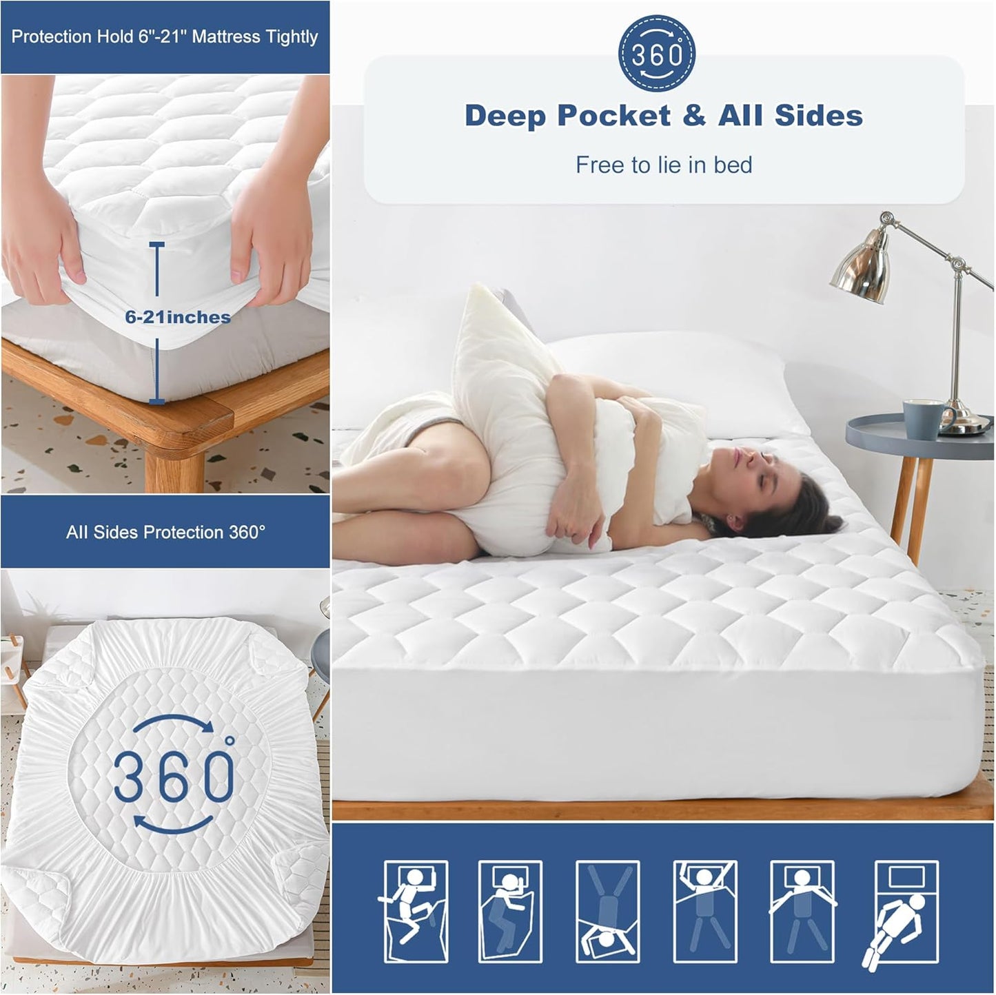 GRT King Mattress Protector Waterproof, 100% Waterproof Quilted Fitted Mattress Pad, Noiseless Hollow Cotton Mattress Cover, fits up to 21" Deep, Dust Proof White