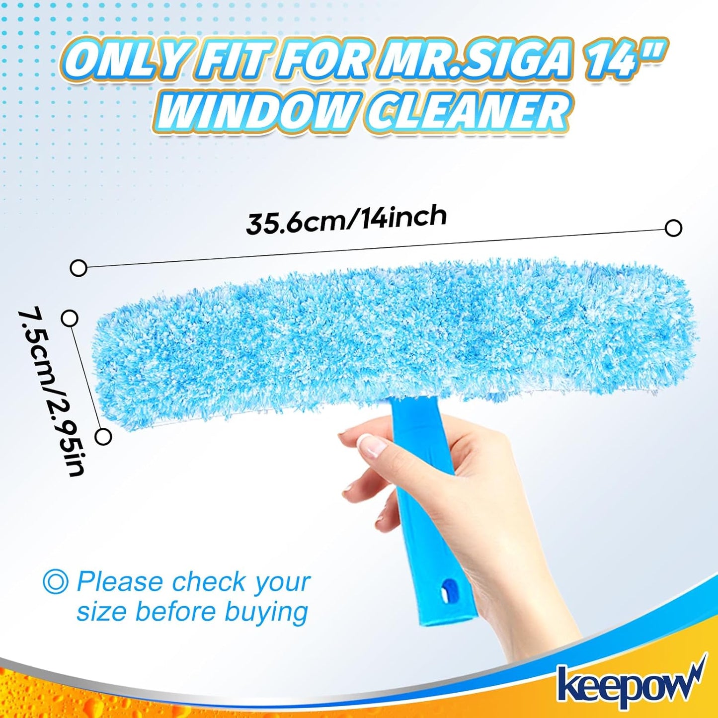 KEEPOW 14" Microfiber Window Scrubber Refill Replacement Compatible with MR.SIGA, Compatible with Ettore Professional Window Cleaning, Reusable & Washable Window Squeegee for Home (3 Pack)