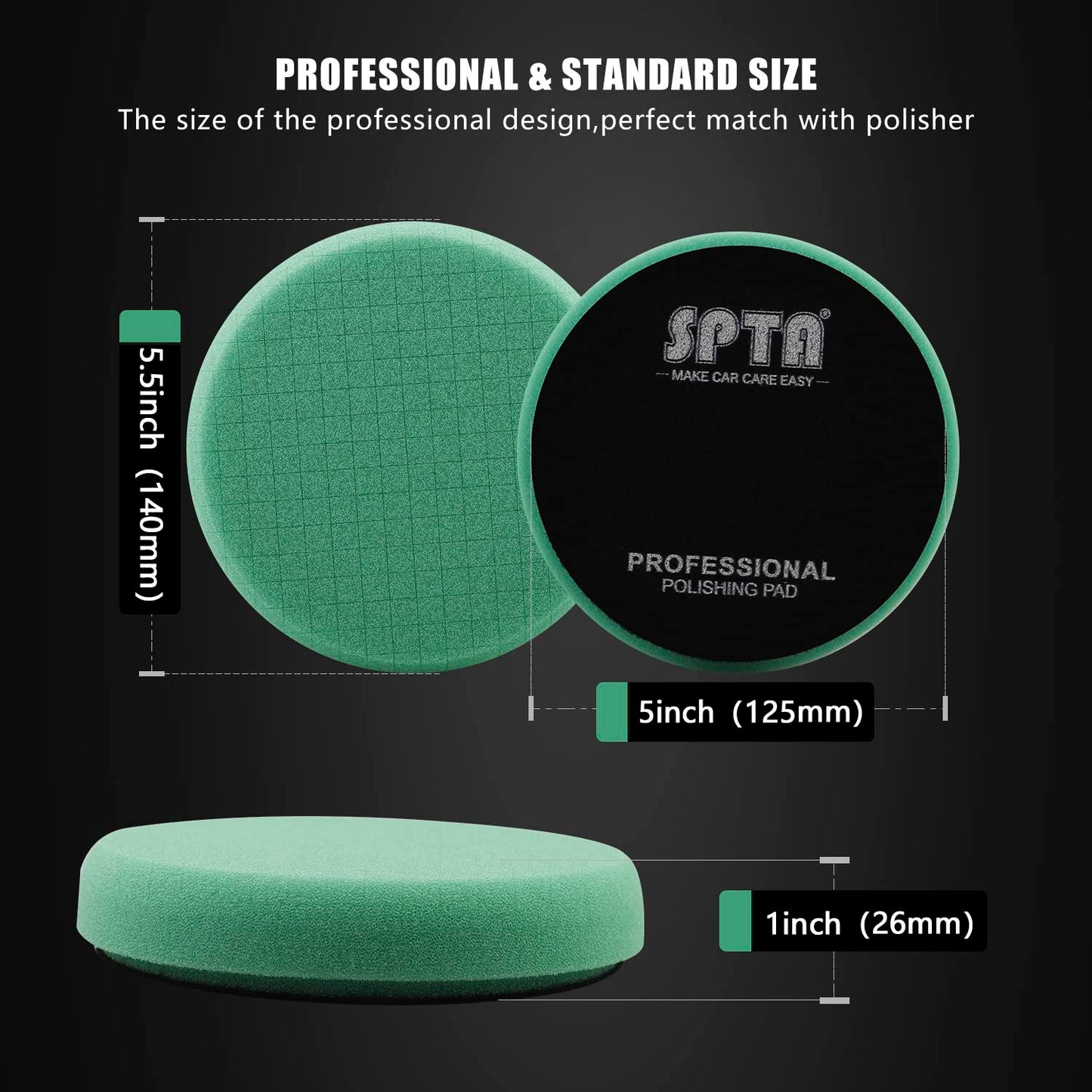 Green Heavy Cut Pad, Buffing Polishing Pads, SPTA 1Pc 5.5 Inch Face for 5 Inch 125mm Backing Plate Compound Buffing Sponge Pads for Car Buffer Polisher Compounding, Polishing and Waxing -FPTSS5G
